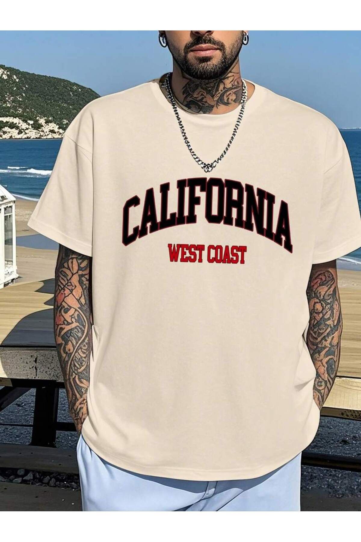 SeusCraft Bej California W.C Tişört - Baskılı Oversize Yazlık Kısa Kol T-Shirt Bisiklet Yaka