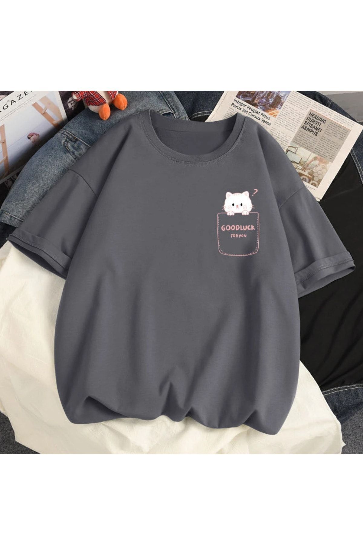 SeusCraft Füme Good Luck Cep Tişört - Baskılı Oversize Yazlık Kısa Kol T-Shirt Bisiklet Yaka