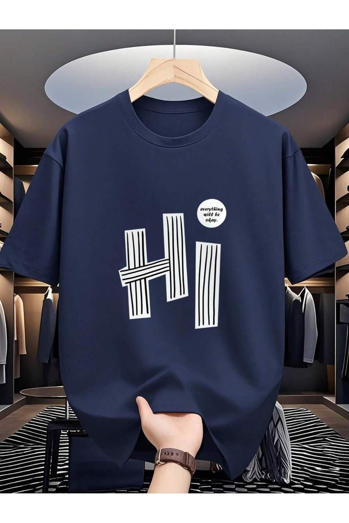 SeusCraft Lacivert Hi Tasarım Tişört - Baskılı Oversize Yazlık Kısa Kol T-Shirt Bisiklet Yaka