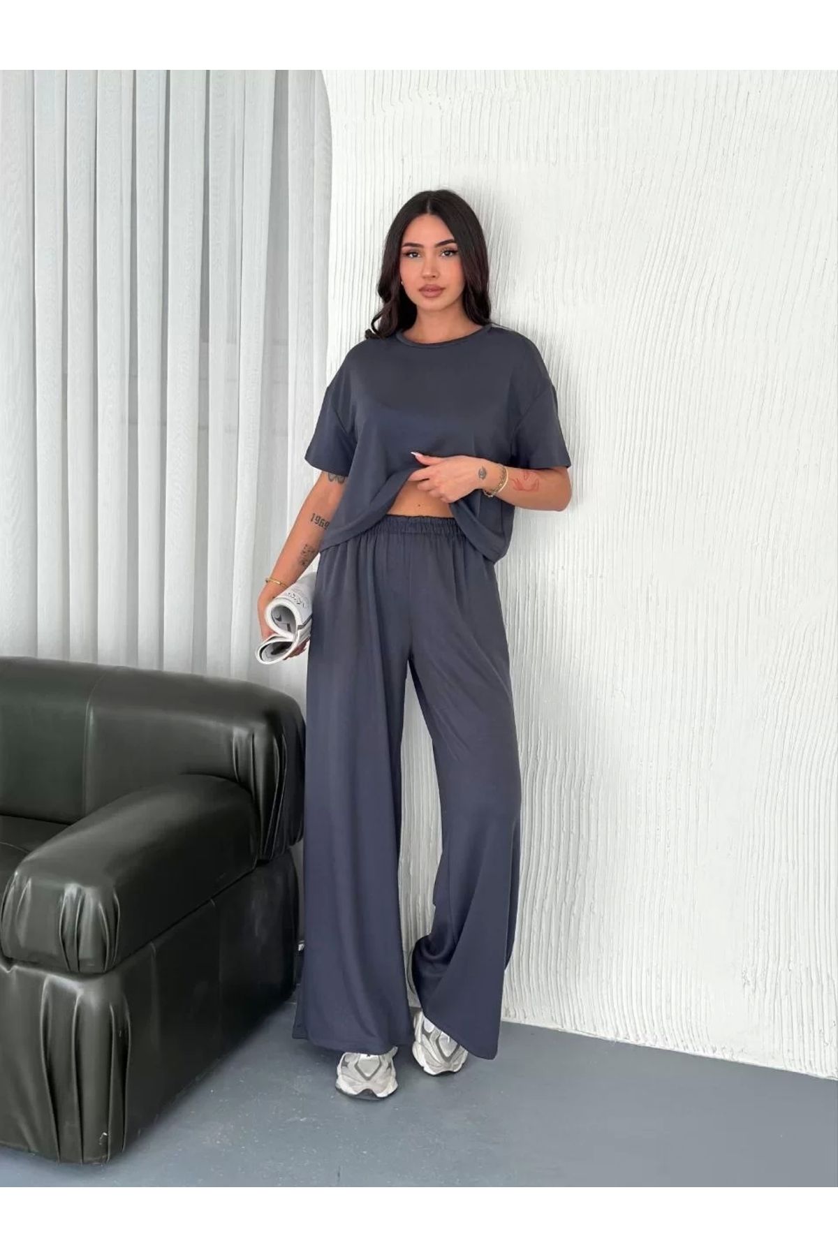 LUSHİOWEAR Osy Modal Yumuşak Dokulu Kumaş Bisiklet Yaka T-shirt Bol paça Pantalon ikili Takım -Antrasit