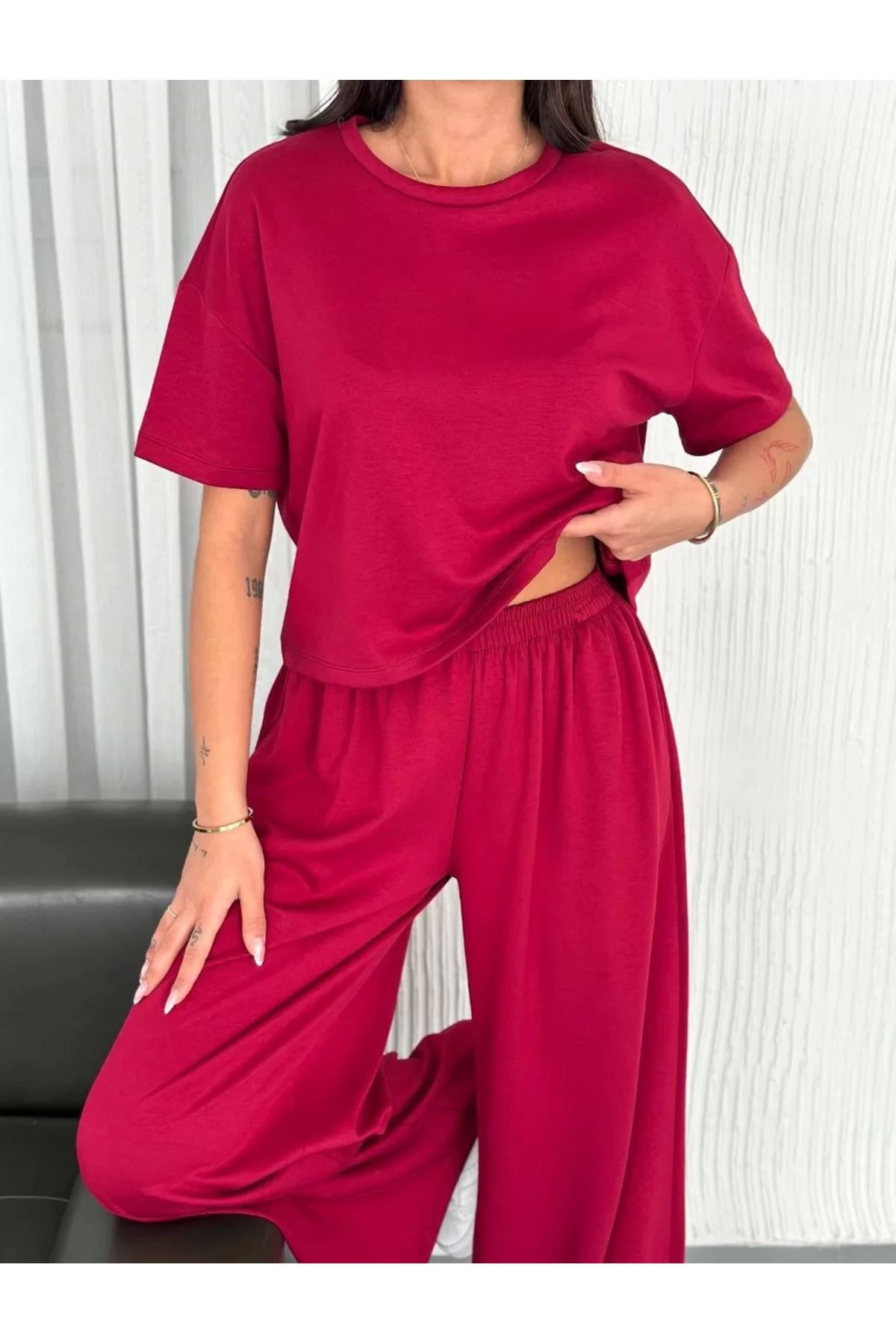 LUSHİOWEAR Osy Modal Yumuşak Dokulu Kumaş Bisiklet Yaka T-shirt Bol paça Pantalon ikili Takım -Bordo