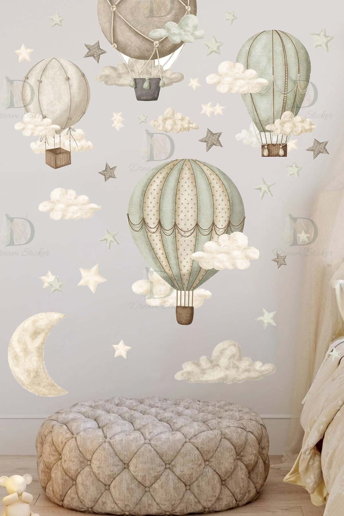 KT Decor Gökyüzü Rüyası Retro Balonlar Yıldızlar ve Bulutlar Çocuk Odası Duvar Sticker Seti