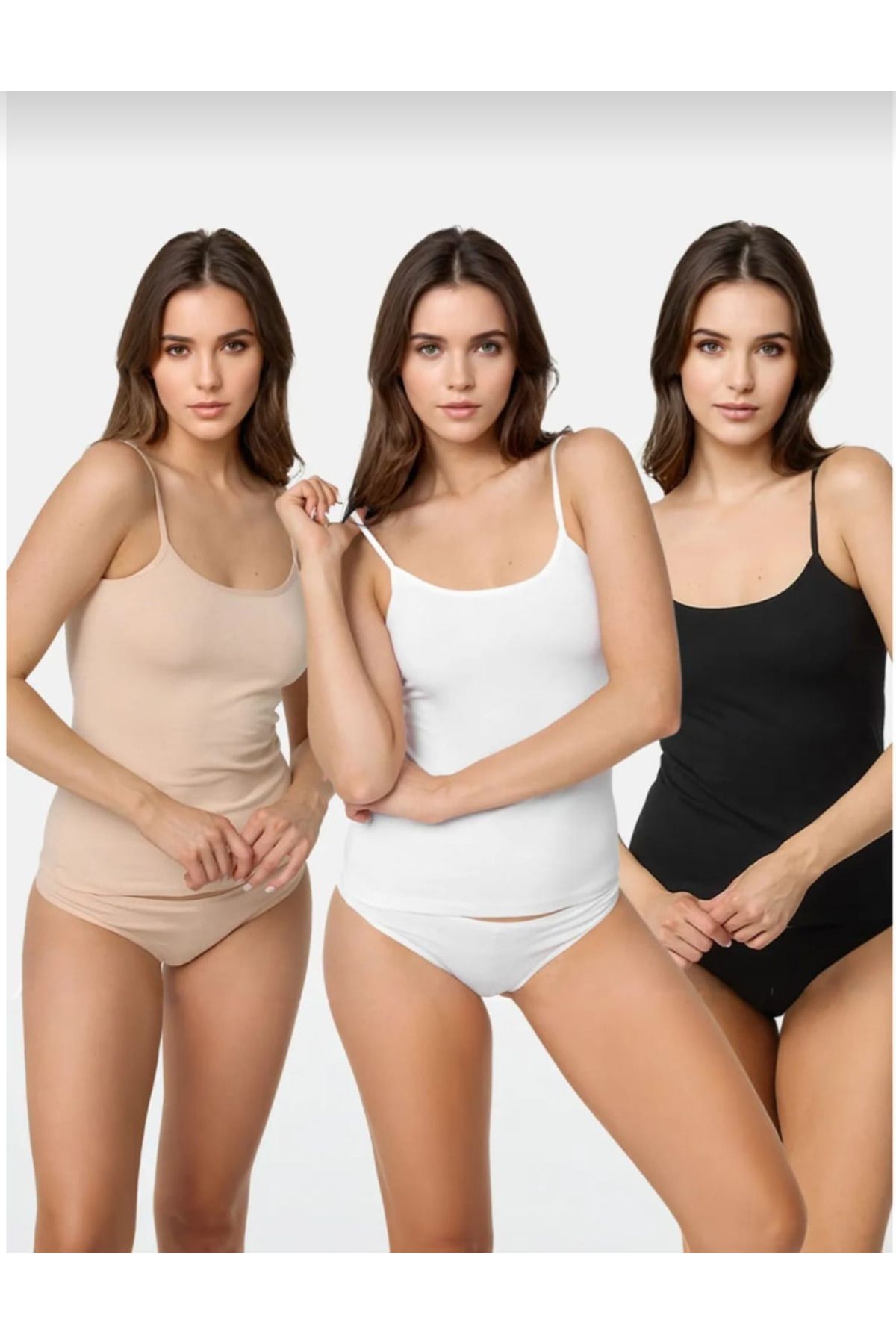 Şenay KADIN LİKRALI İP ASKILI ATLET 3'lü Ekonomik Paket SİYAH/BEYAZ/TEN %95 Pamuk %5 Likra