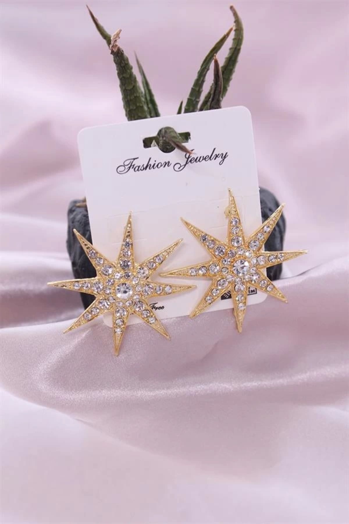 FASHIONLINE Gold Renk Metal Zirkon Taşlı Kutup Yıldızı Model Kadın Küpe Seti