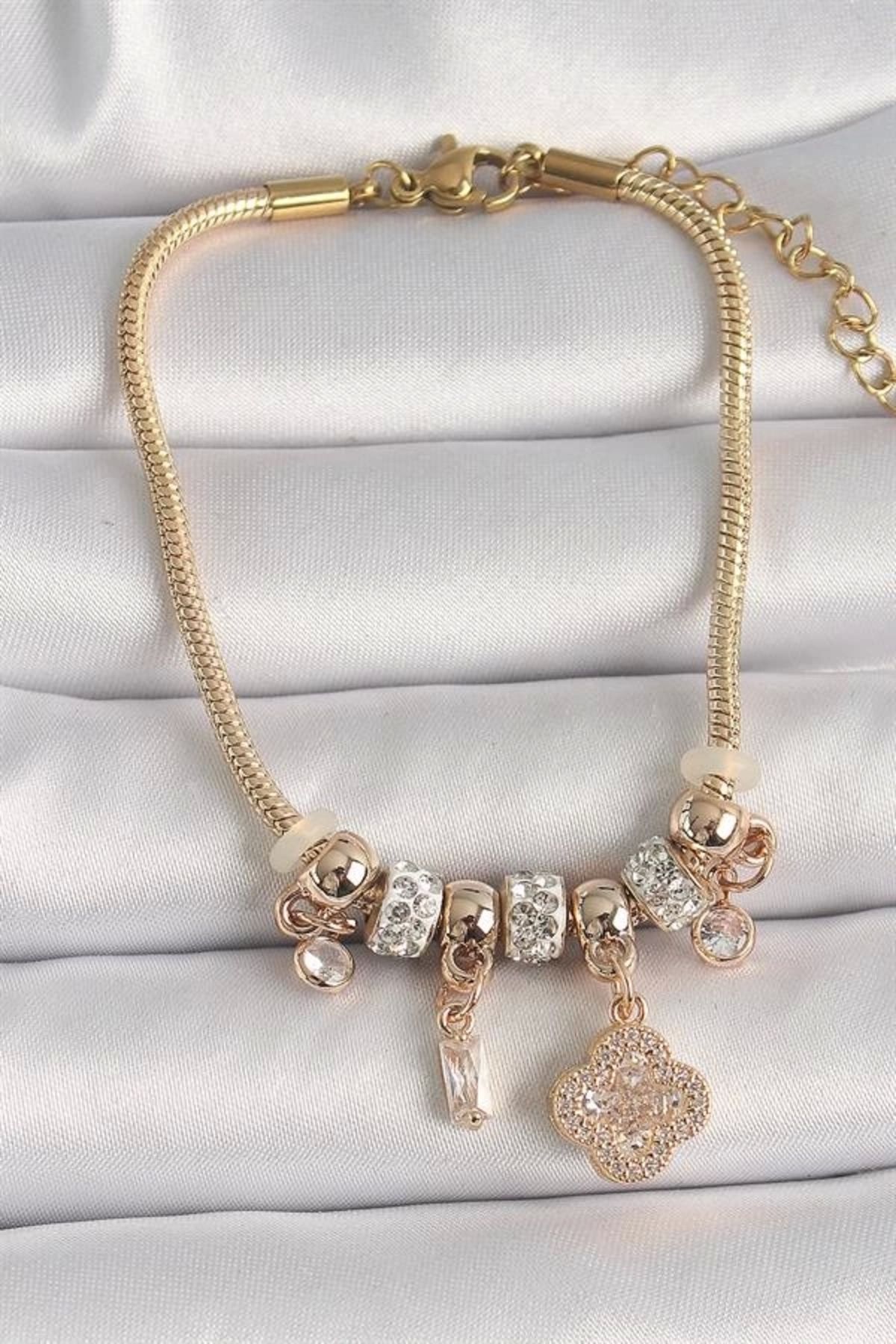 FASHIONLINE Pirinç Gold Renk Zincir Sallantı Zirkon Taşlı Yonca Figür Kadın Bileklik