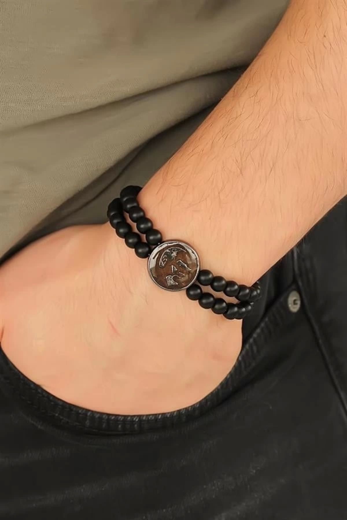 FASHIONLINE Kahverengi Füme Renk Metal Atatürk Portresi Tasarımlı Siyah Renk Mat Oniks Doğal Taş Erkek Bileklik