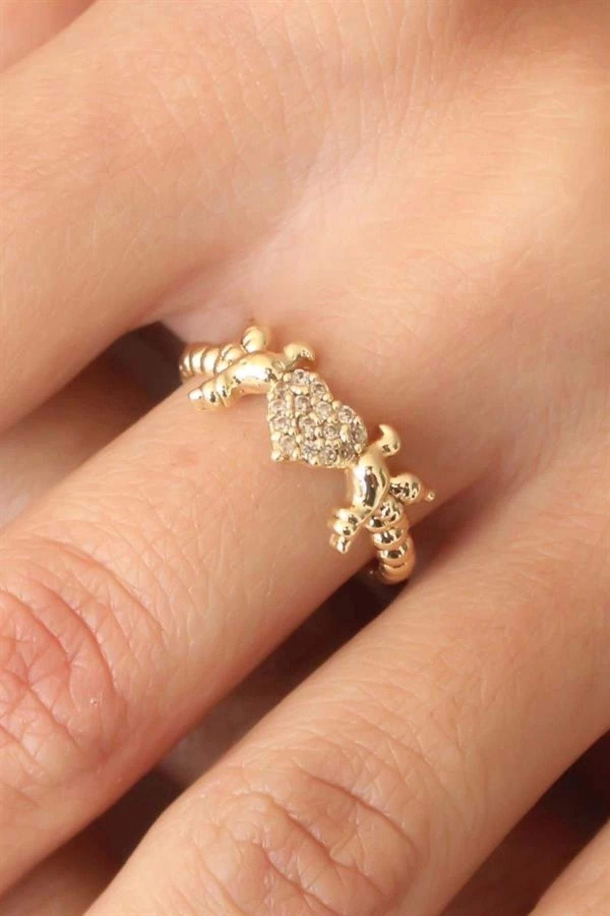 FASHIONLINE Zirkon Taşlı Gold Renk Kalp ve Kuş Figürlü Ayarlanabilir Kadın Yüzük