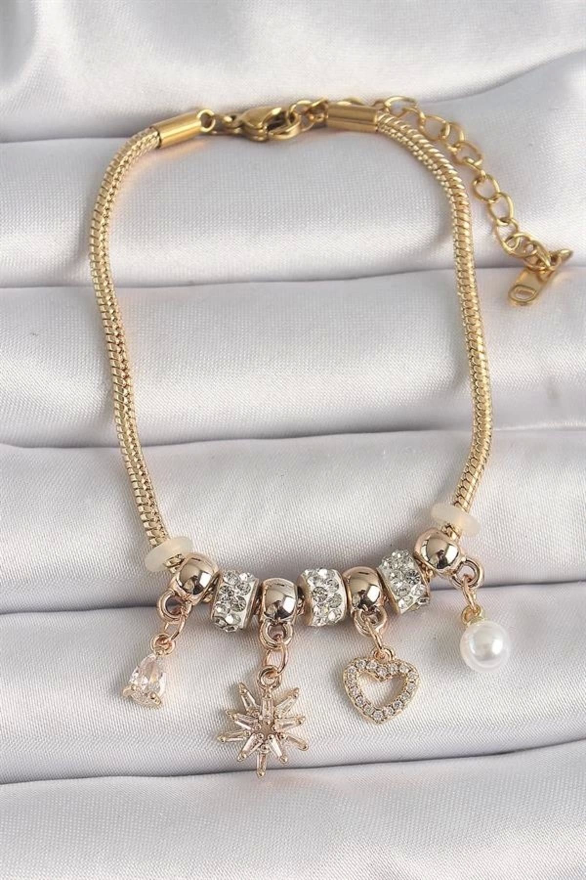 FASHIONLINE Pirinç Gold Renk Zincir Sallantı Zirkon Taşlı Kuzey Yıldız Figür Kalp Detay Kadın Bileklik
