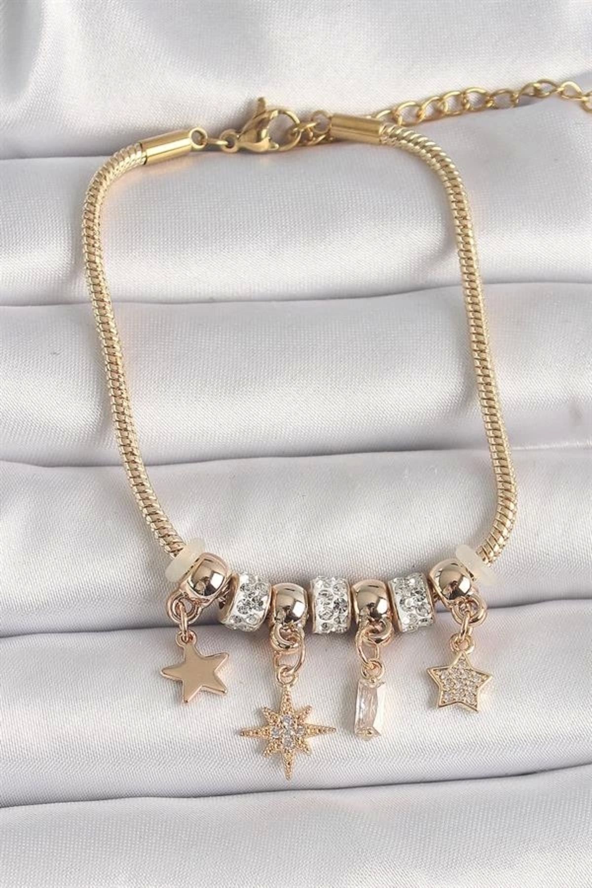 FASHIONLINE Pirinç Gold Renk Zincir Sallantı Zirkon Taşlı Yıldız Figür Kadın Bileklik