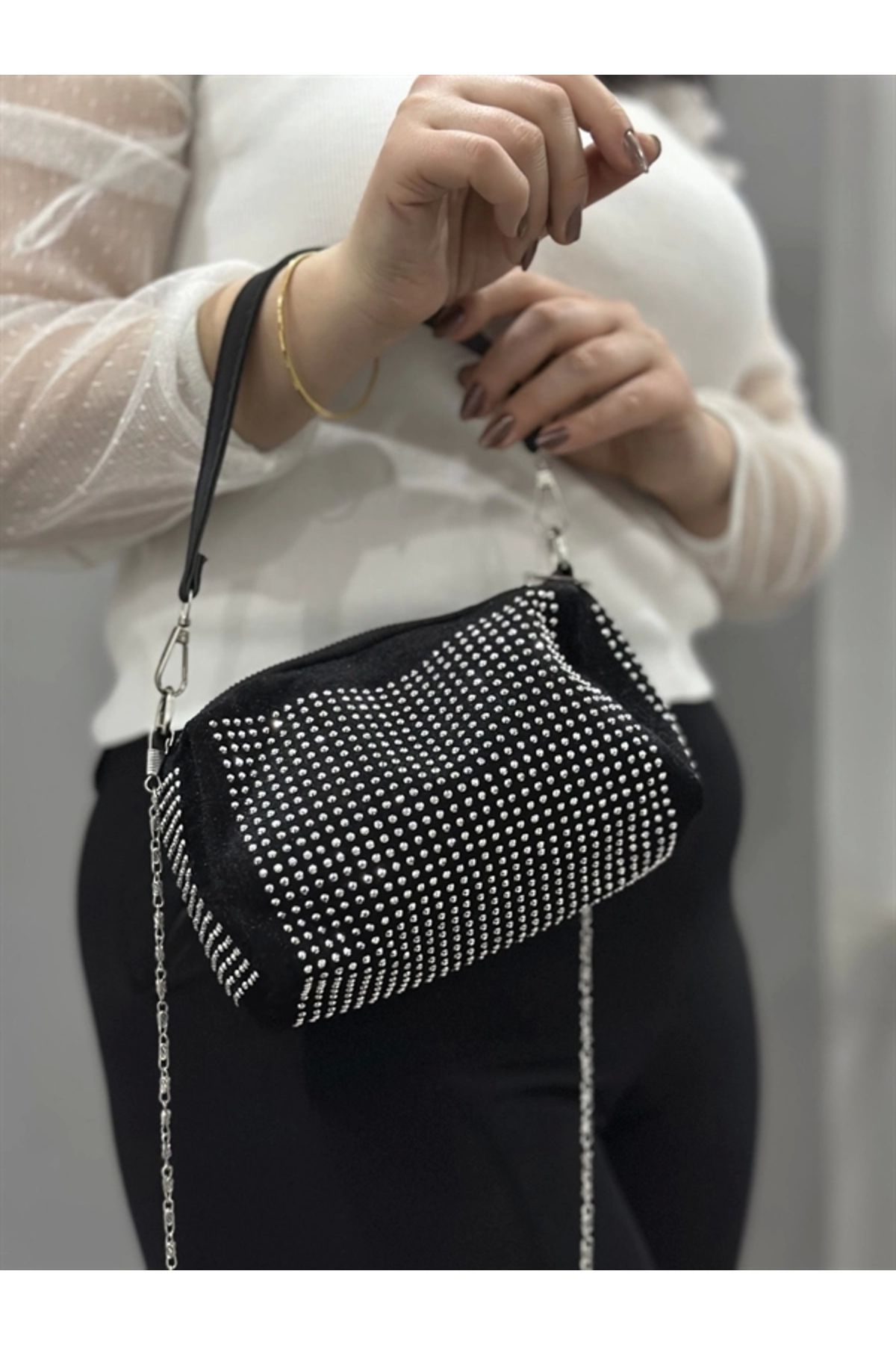 FASHIONLINE Taşlı siyah cilt çanta