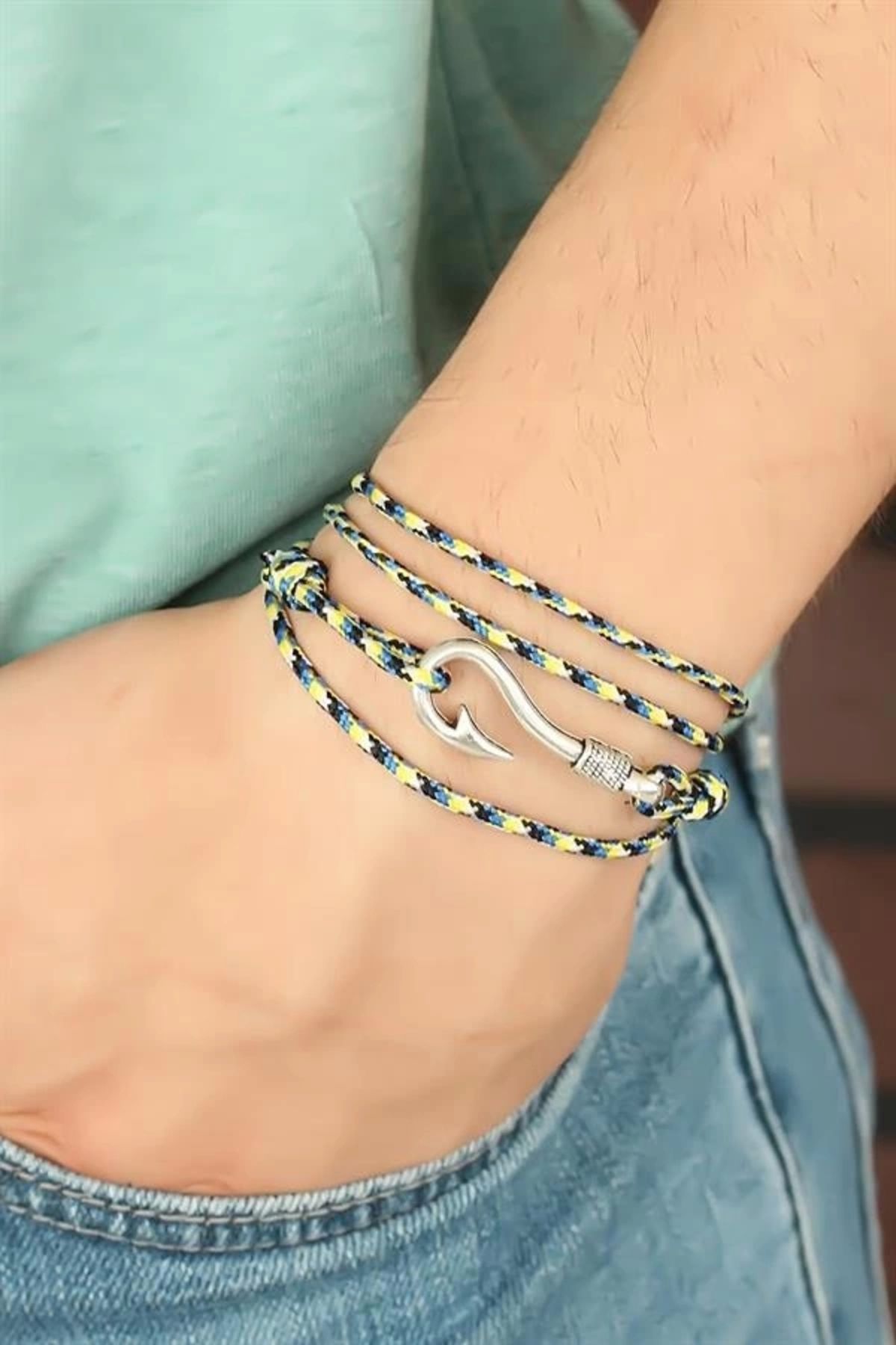 FASHIONLINE Sarı Mavi Çizgi Desenli Gümüş Renk Metal Kancalı Erkek Bileklik