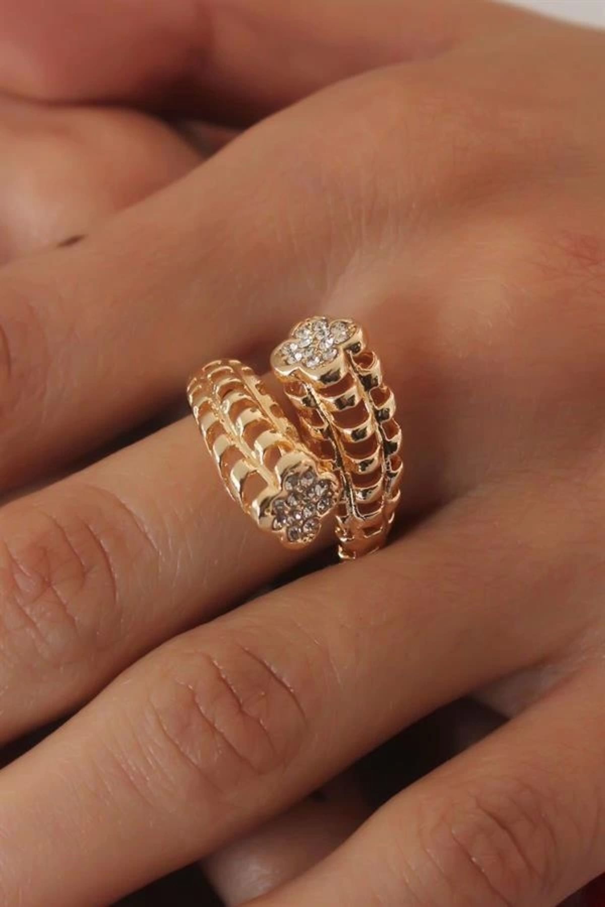 FASHIONLINE Gold Renk 3D Yonca Model Zirkon Taşlı Kadın Yüzük