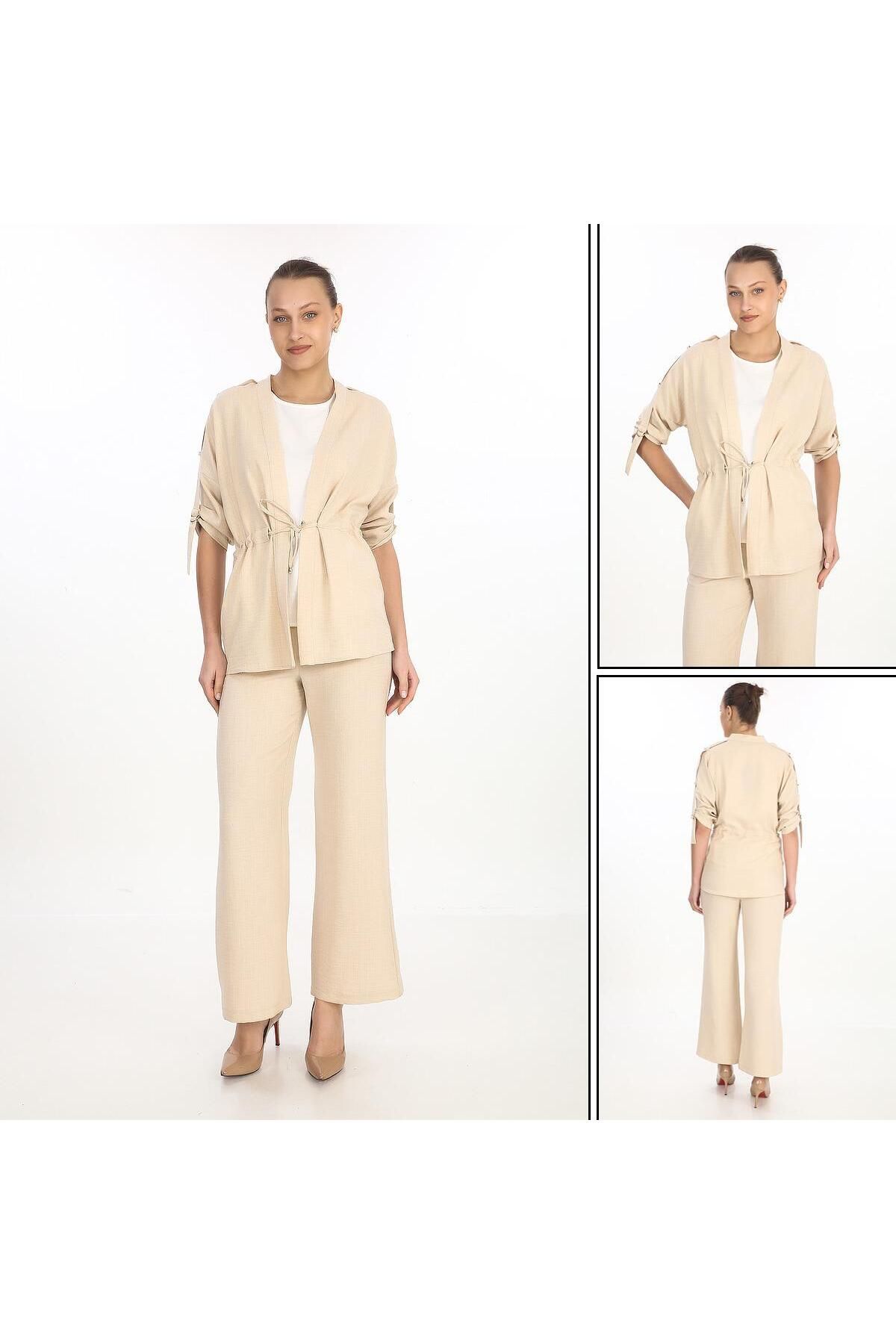 GND TEKSTİL Gnd Kadın 3’lü Yazlık Takım – Salaş Ceket + Geniş Paça Pantolon + Basic Bluz