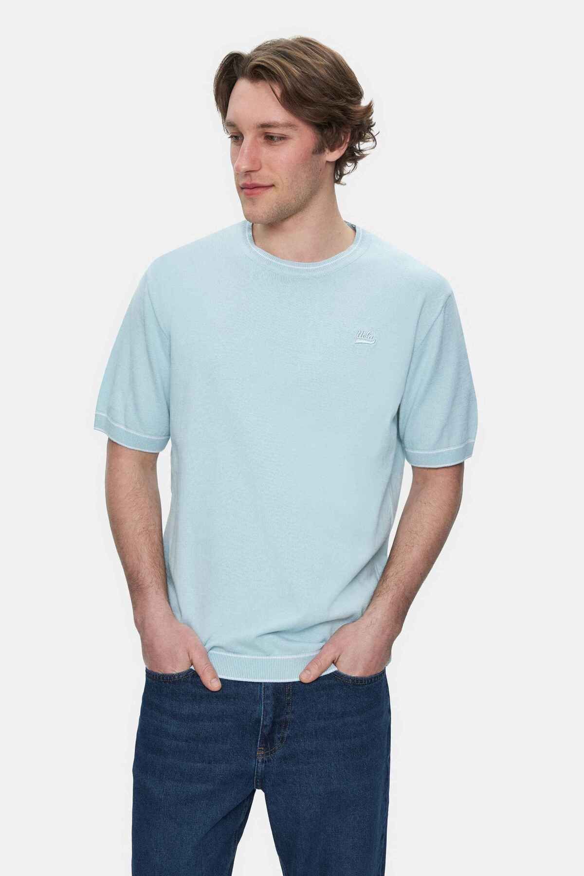 UCLA FARED Gök Mavi Bisiklet Yaka Triko Nakışlı Standard Fit Erkek Tshirt