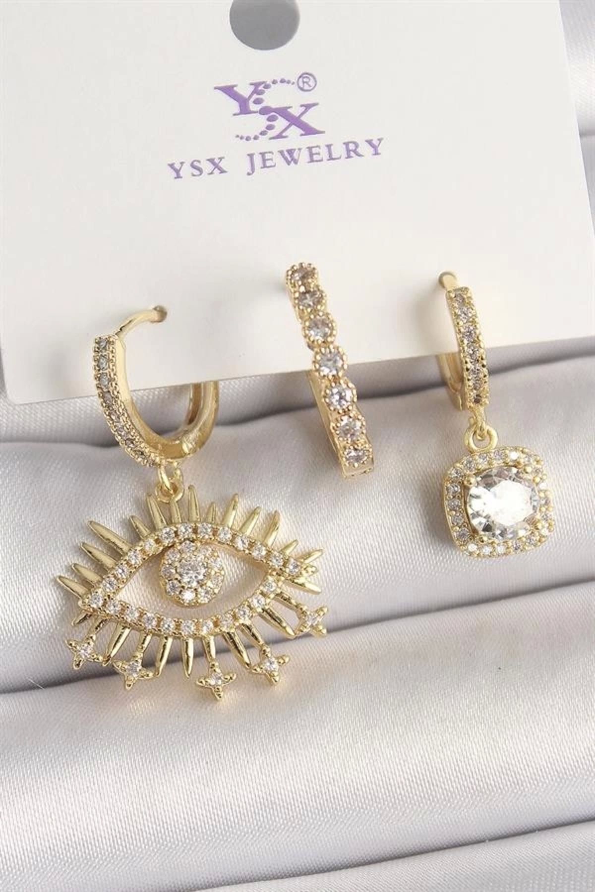 FASHIONLINE Pirinç Gold Renk Sallantı Zirkon Taşlı Göz Model 3'Lü Kadın Kombin Küpe