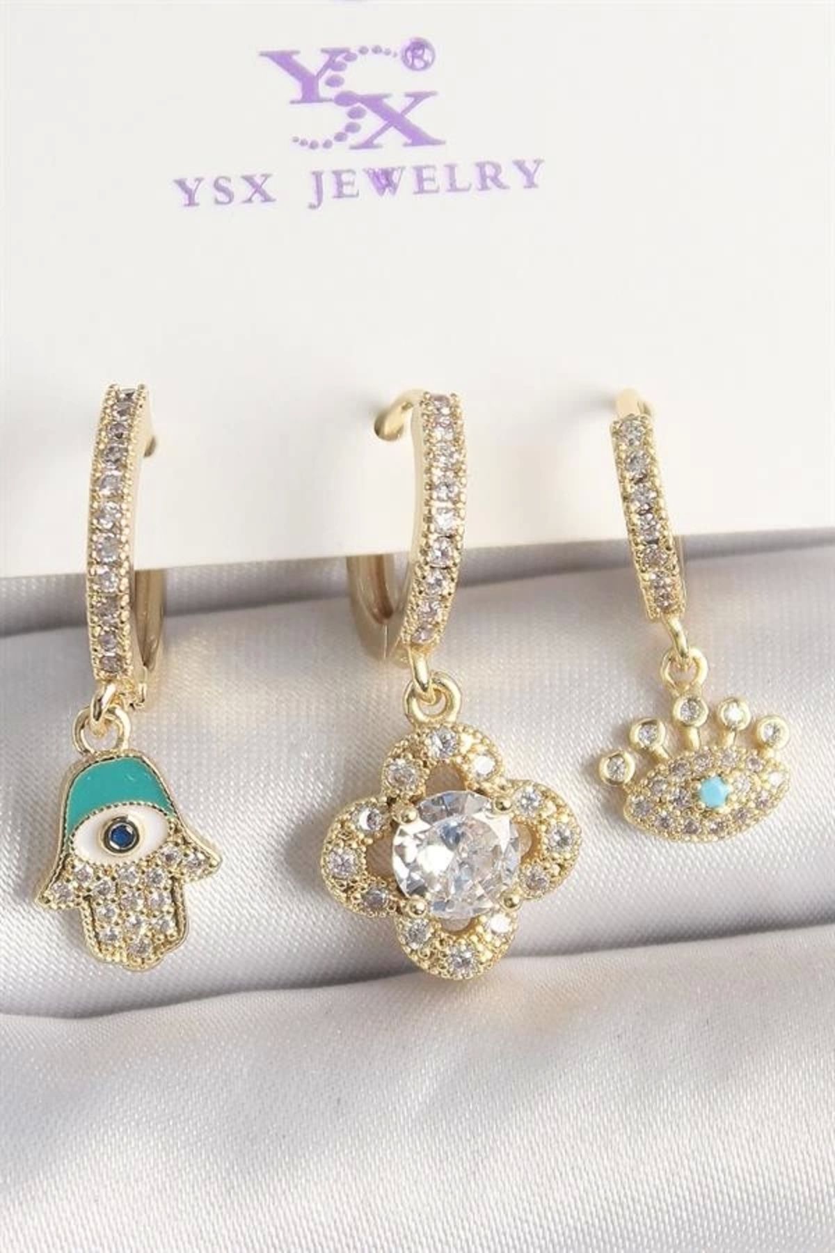 FASHIONLINE Pirinç Gold Renk Zirkon Taşlı Fatma Ana El Yonca Figür Göz Detay 3'Lü Kadın Kombin Küpe