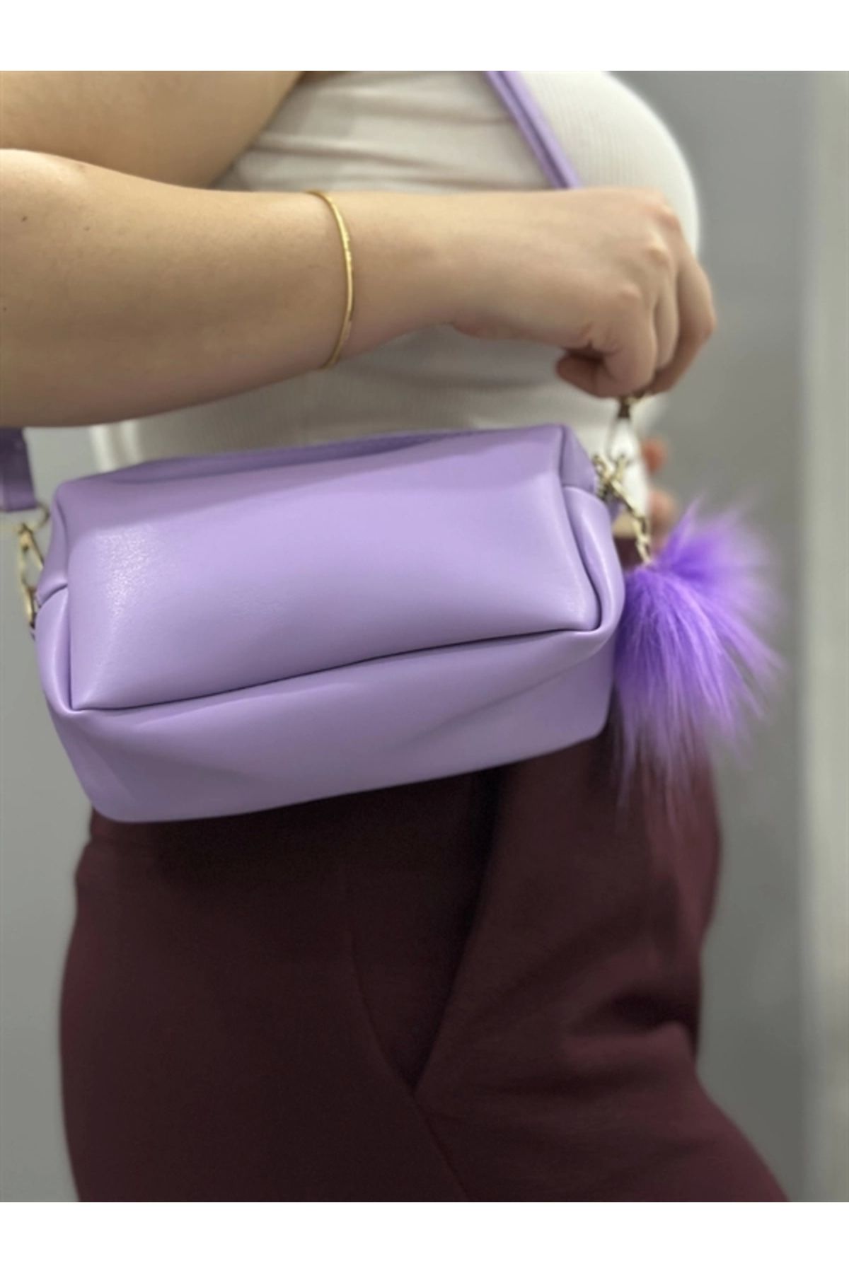 FASHIONLINE Ponpon mor cilt çanta