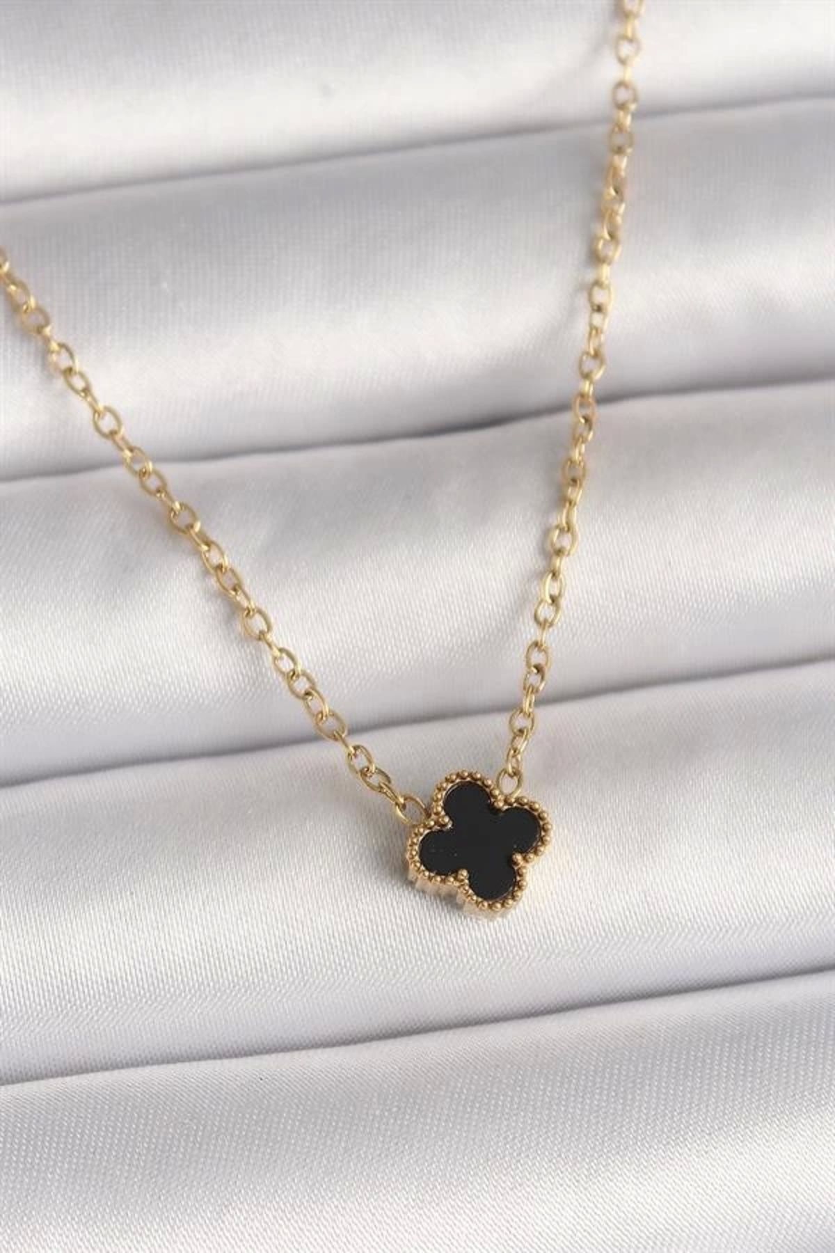 FASHIONLINE 316L Çelik Gold Renk Siyah Yonca Model Kadın Kolye