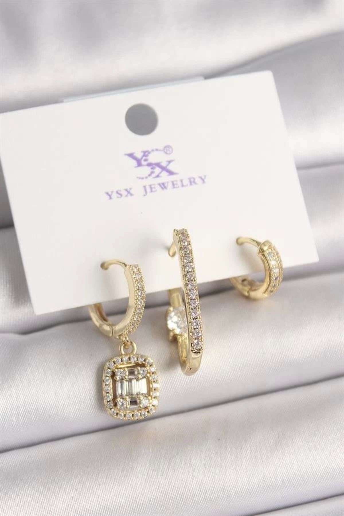 FASHIONLINE Pirinç Gold Renk Zirkon Taşlı Baget Halka Model 3'Lü Kadın Kombin Küpe
