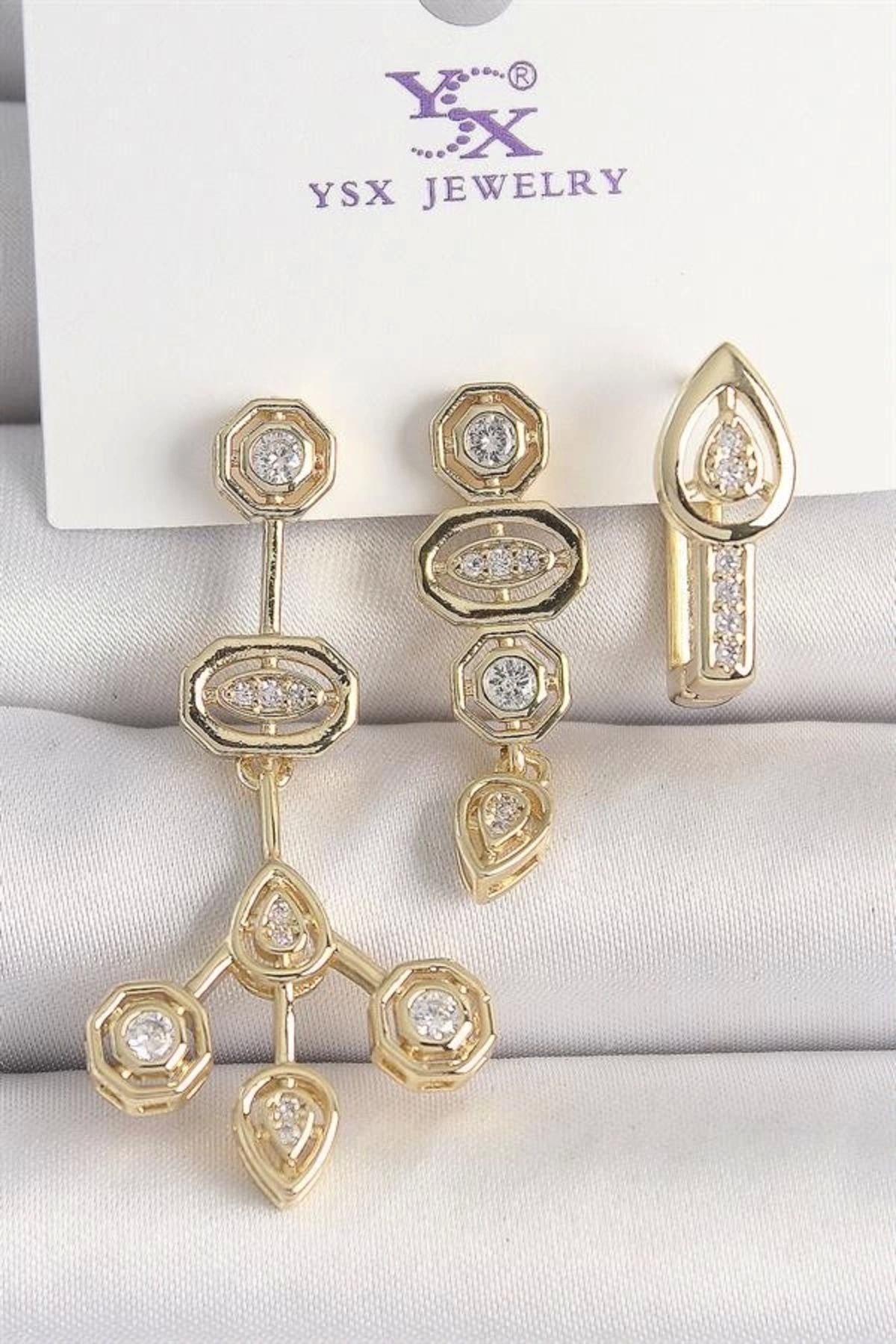 FASHIONLINE Pirinç Gold Renk Zirkon Taşlı Geometrik Model 3'Lü Kadın Kombin Küpe