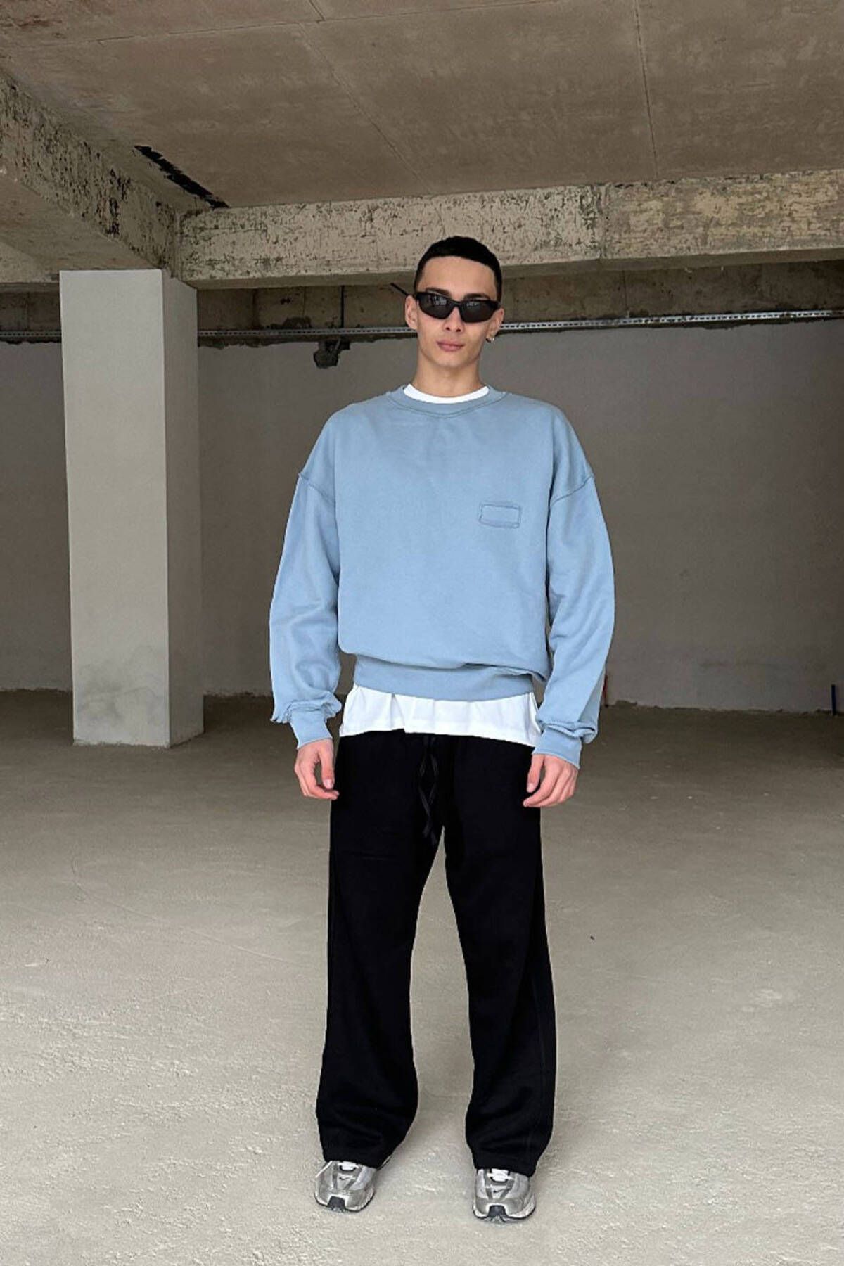 1887CLO Açık Mavi Handmade Distressed Oversize Boxy Fit Sweatshirt