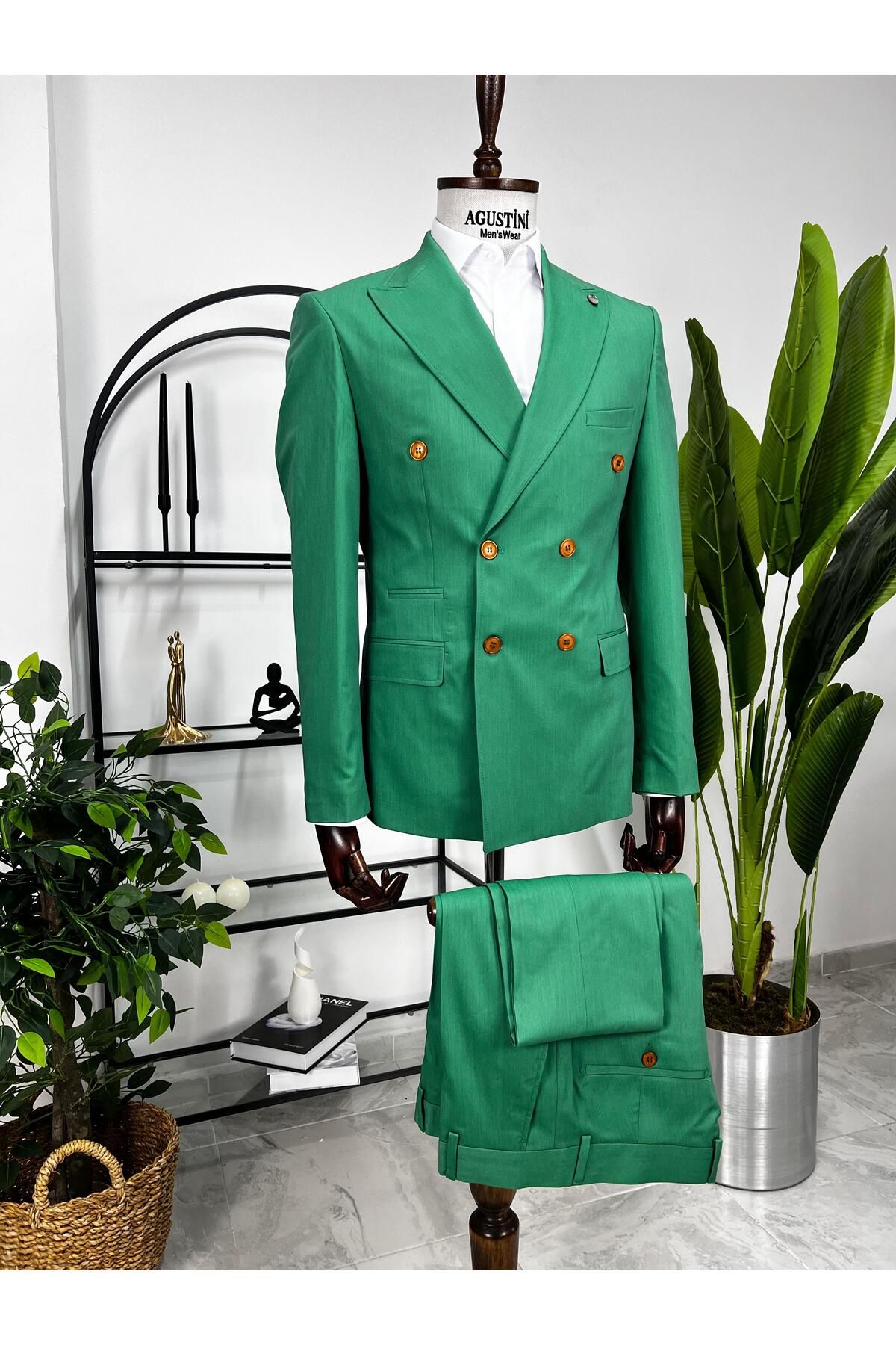 AGUSTİNİ Yeşil Kruvaze 2Lİ Takım Elbise Sivri Yaka Slim Fit Kalıp | Agustini