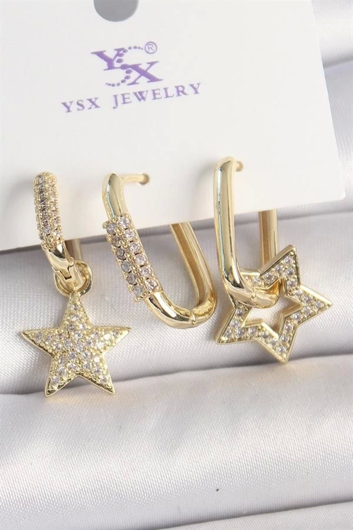 FASHIONLINE Pirinç Gold Renk Sallantı Zirkon Taşlı Yıldız Model 3'Lü Kadın Kombin Küpe
