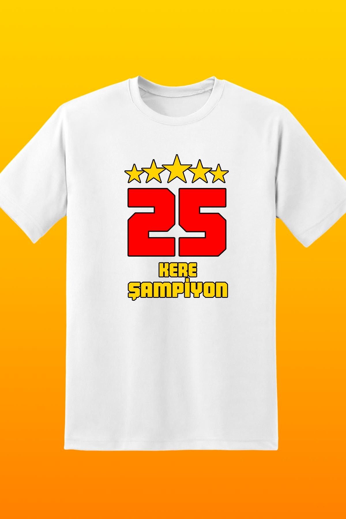 362BASKI Şampiyonluk Tshirtü 5 Yıldız Sarı Kırmızı 25 Kere Şampiyon Baskılı Tshirt