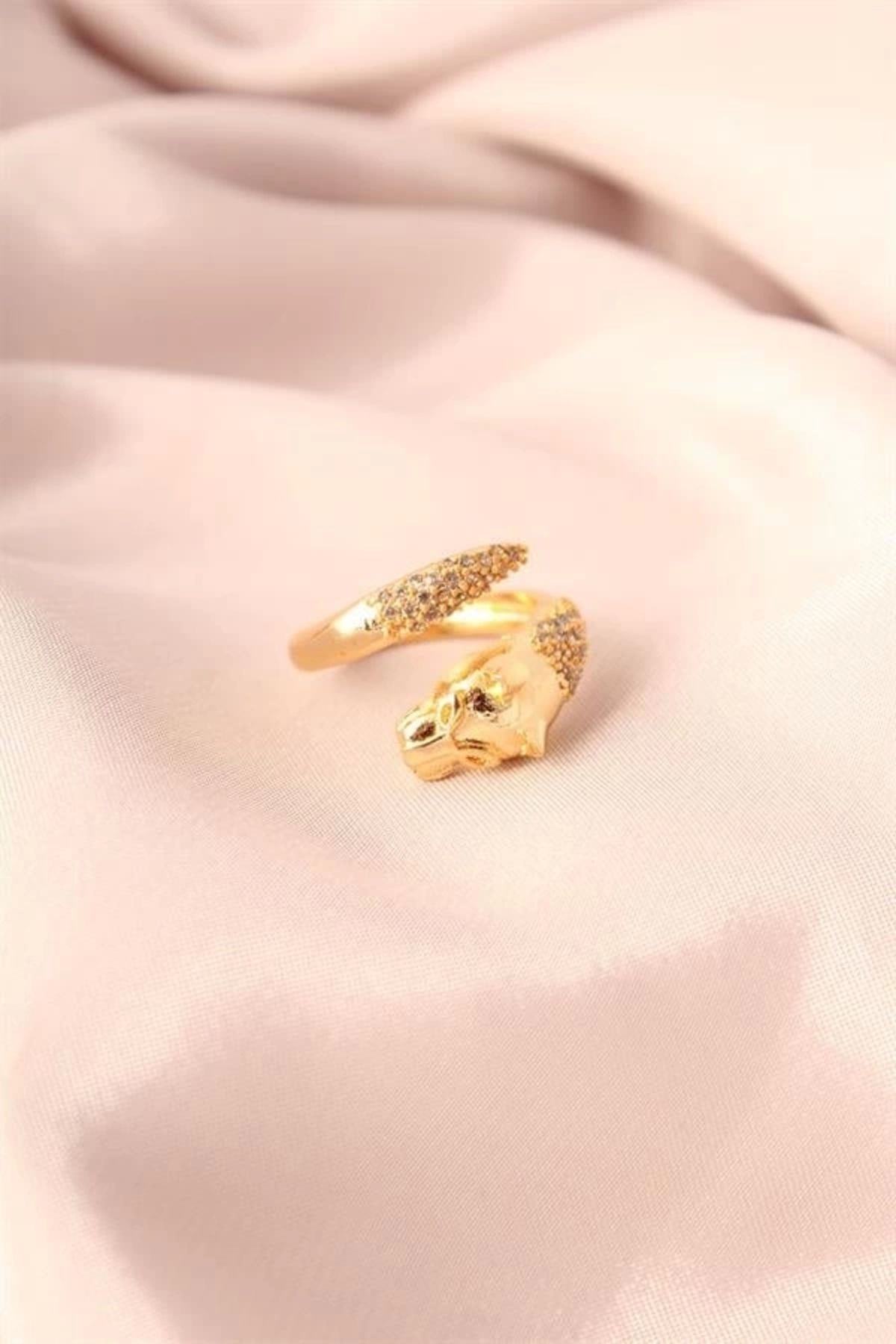 FASHIONLINE Gold Renk Metal Zirkon Taşlı Kaplan Model Ayarlanabilir Kadın Yüzük