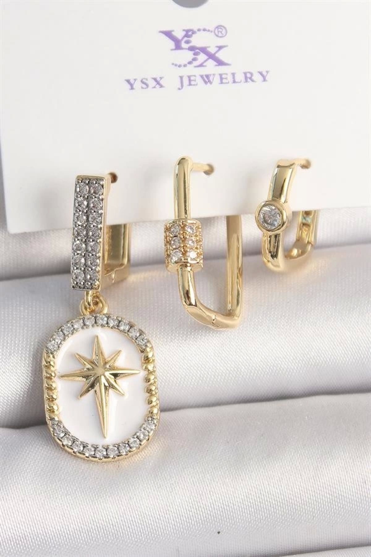 FASHIONLINE Pirinç Gold Renk Sallantı Zirkon Taş İşlmeli Yıldız Portre Model 3'Lü Kadın Kombin Küpe