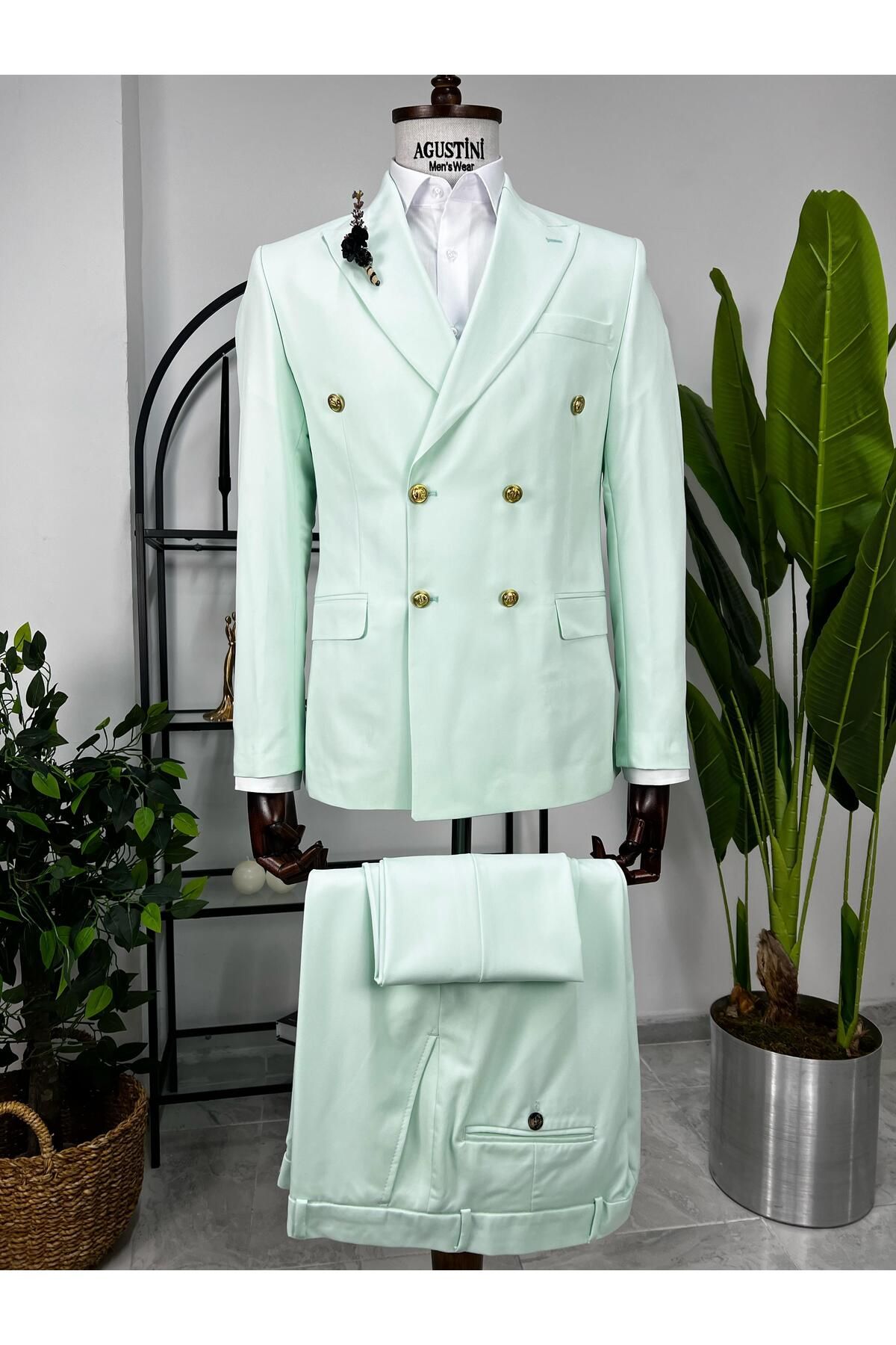 AGUSTİNİ Su Yeşili Kruvaze 2Lİ Takım Elbise Sivri Yaka Slim Fit Kalıp | Agustini