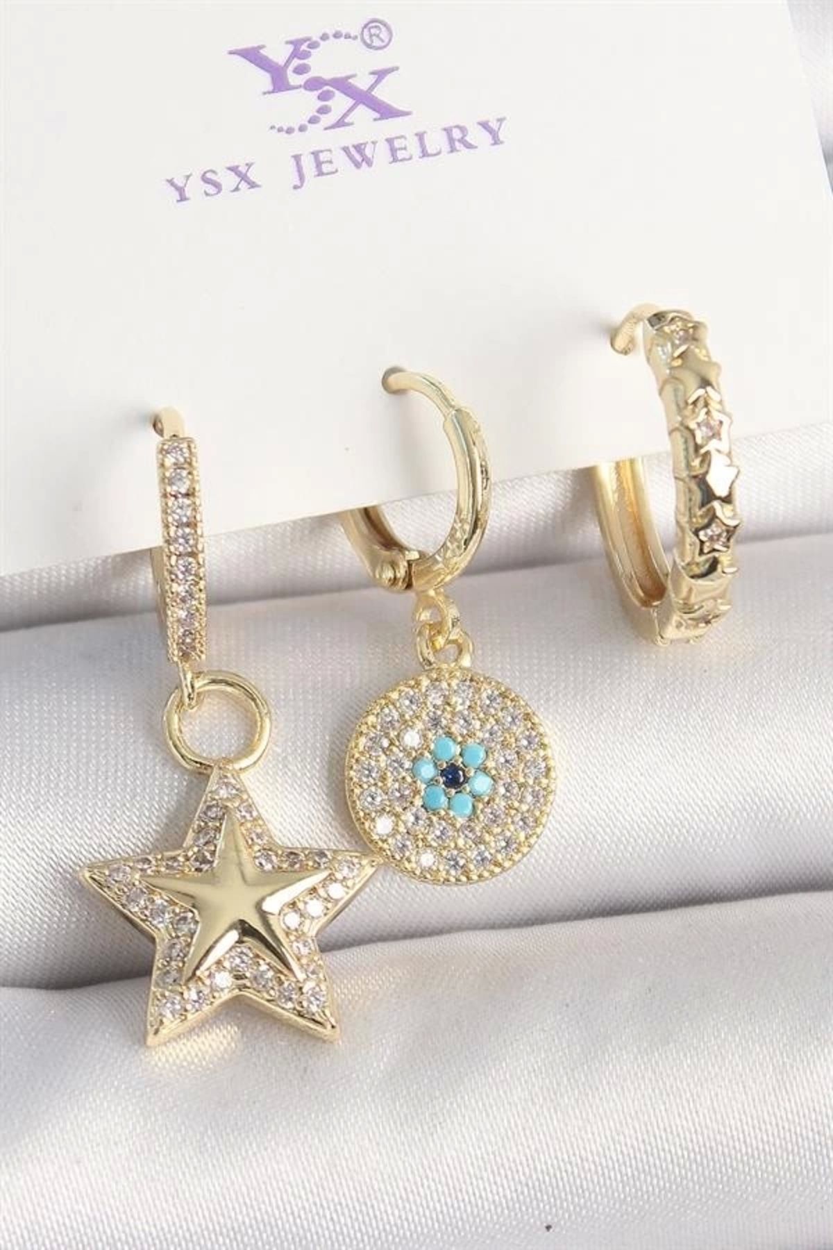FASHIONLINE Pirinç Gold Renk Zirkon Taşlı Sallantı Yıldız Model Nazar Boncuk Detay 3'Lü Kadın Kombin Küpe