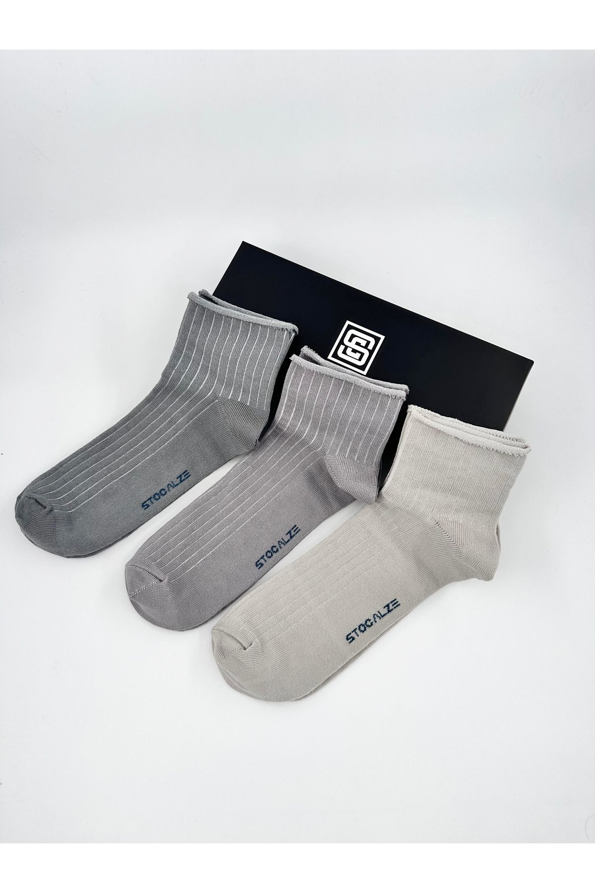 STOCALZE Unisex Pamuklu Kısa Konç Lastiksiz Çorap. 3 Farklı Gri Renkli 6'lı Kutulu Esnek Çorap Seti