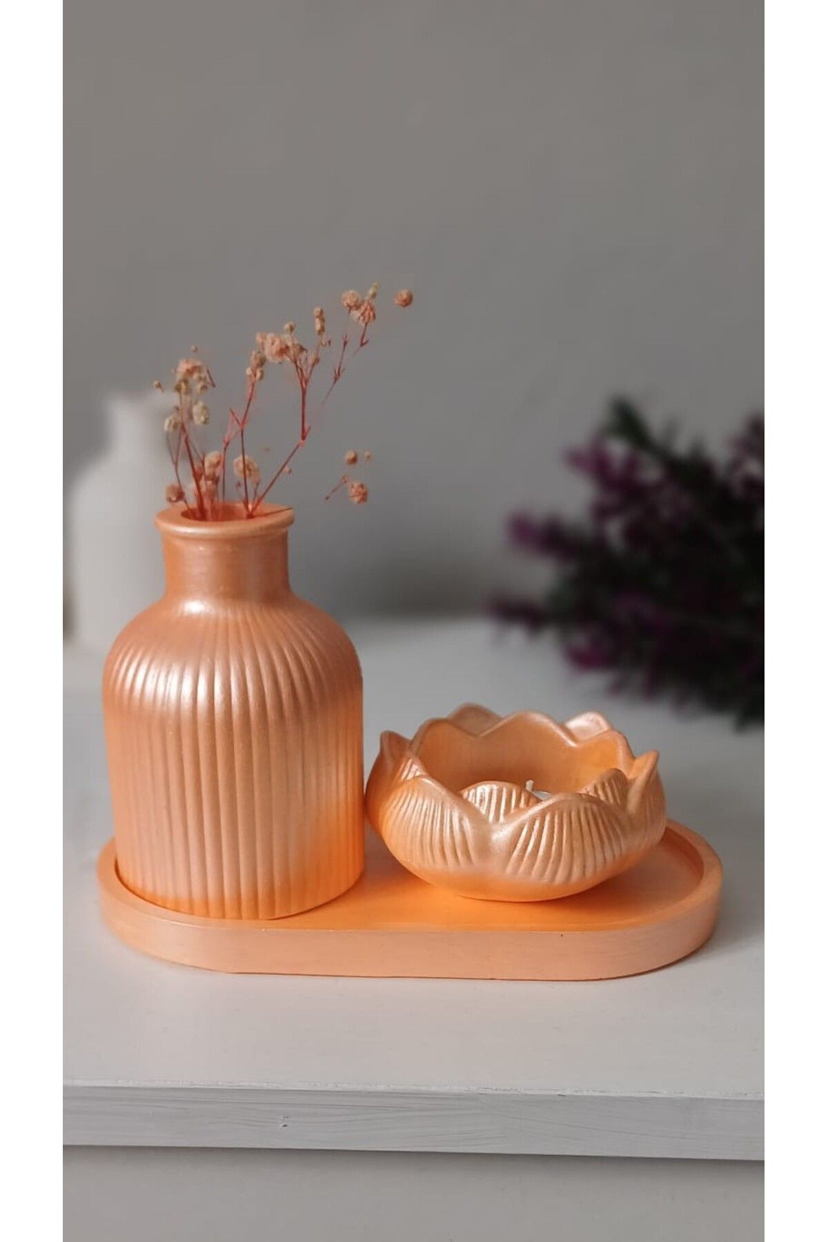 CRAFF ANNELER GÜNÜ ÖZEL 3'LÜ SET LOTUS MUMLUK, DEKORATİF TEPSİ, VAZO