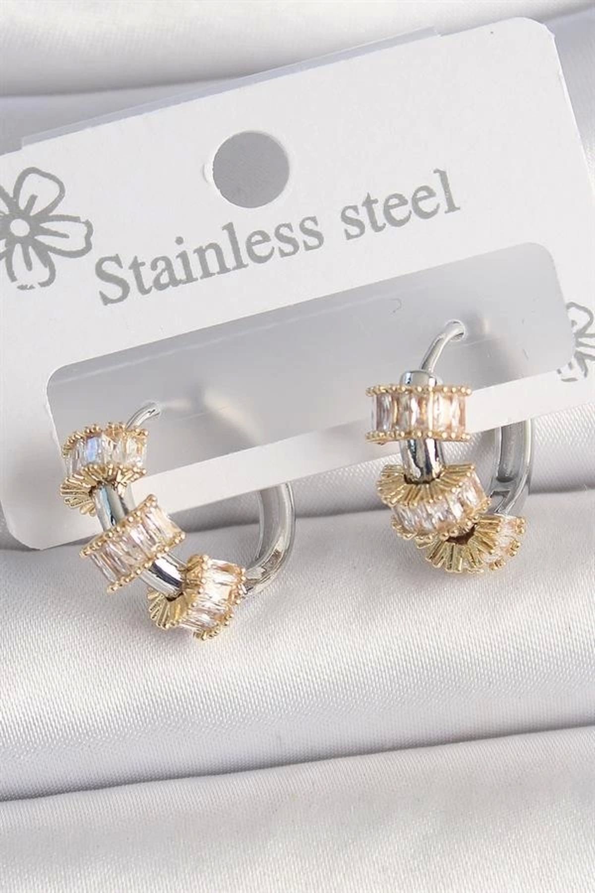 FASHIONLINE Pirinç Gümüş Renk Halka Gold Zirkon Taşlı Model Kadın Küpe