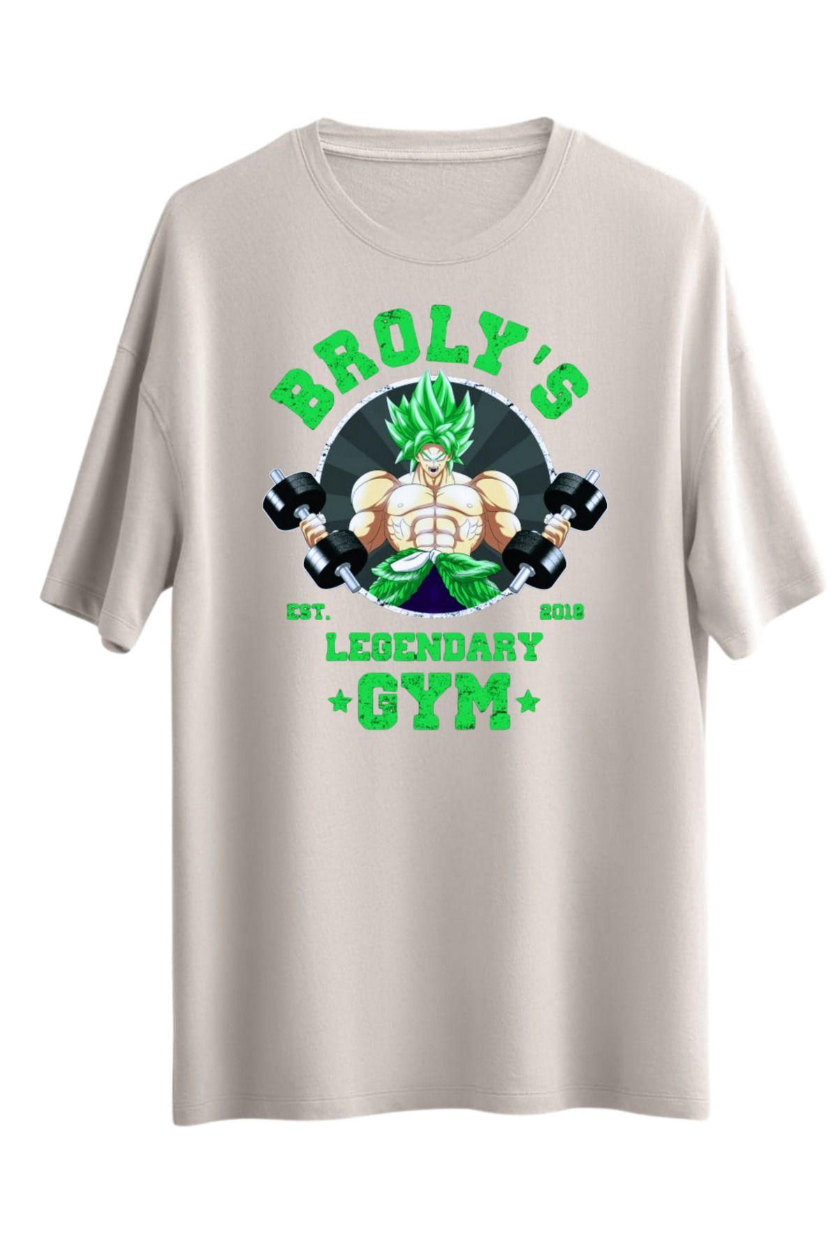 MODA BEJ BOL KESİM GYM ANİME SPOR BASKILI OVERSİZE OMUZU DÜŞÜK T-SHİRT %100 PAMUK