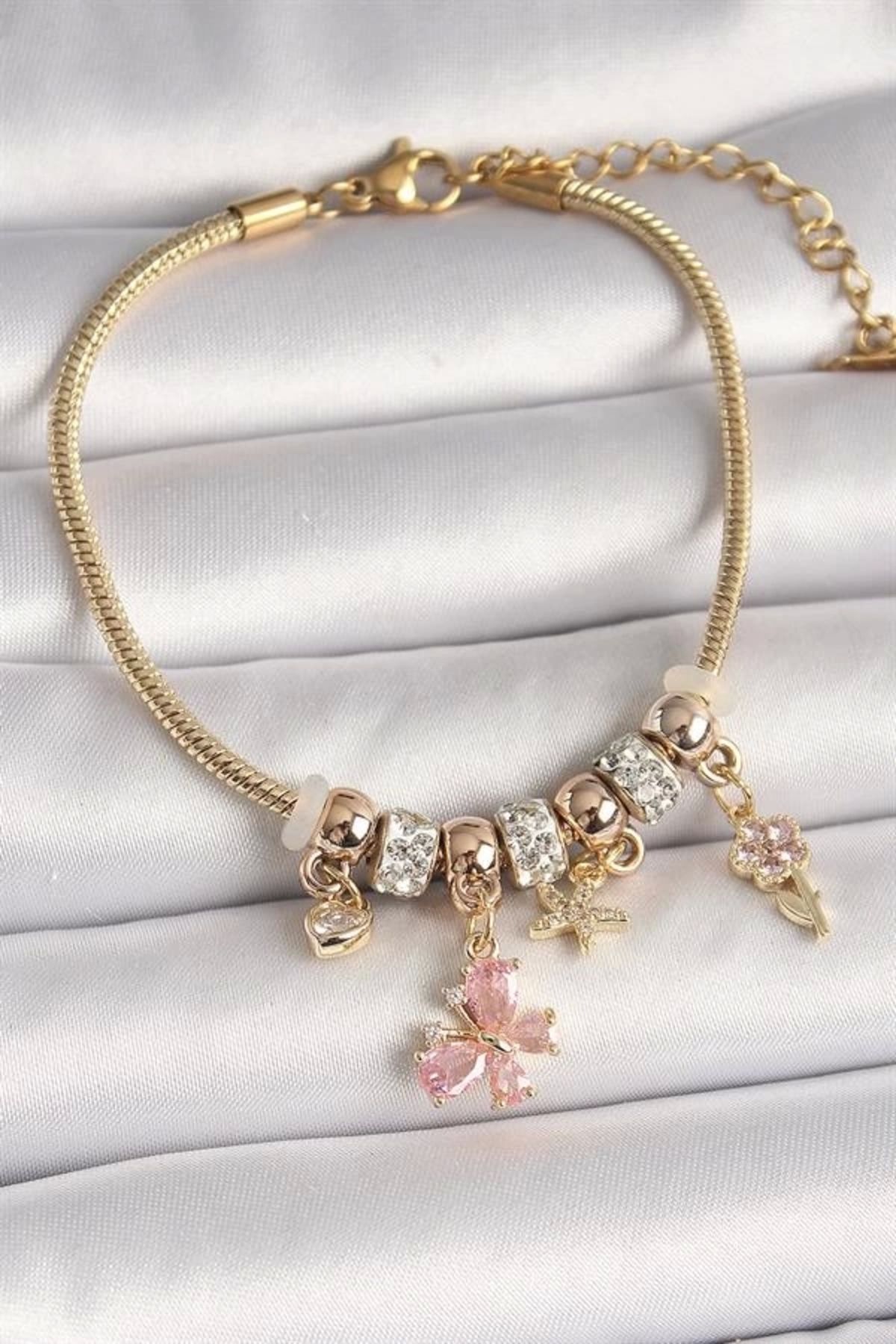 FASHIONLINE Pirinç Gold Renk Sallantı Pembe Zirkon Taşlı Kelebek Figür Çiçek Detay Charm Kadın Bileklik