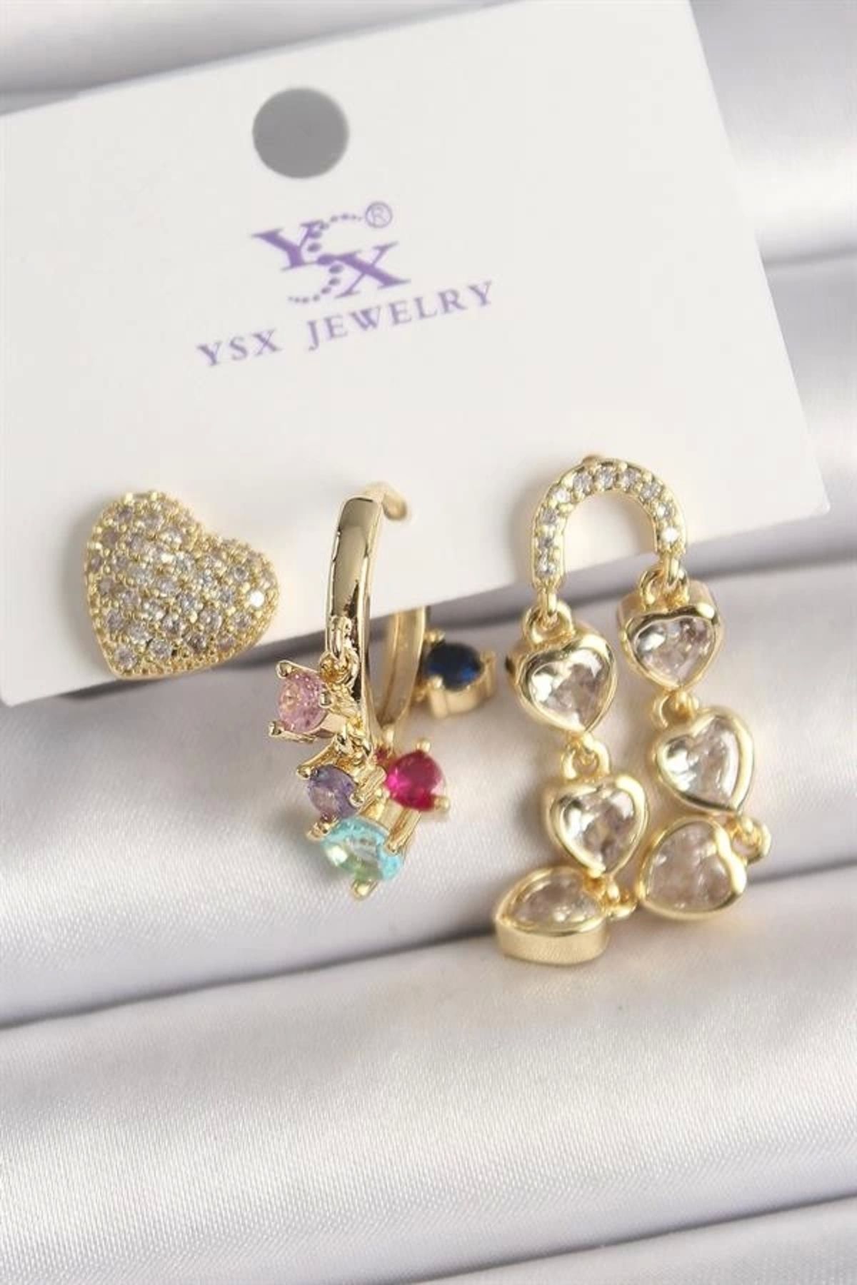 FASHIONLINE Pirinç Gold Renk Sallantı Zirkon Taşlı Kalp Model 3'Lü Kadın Kombin Küpe