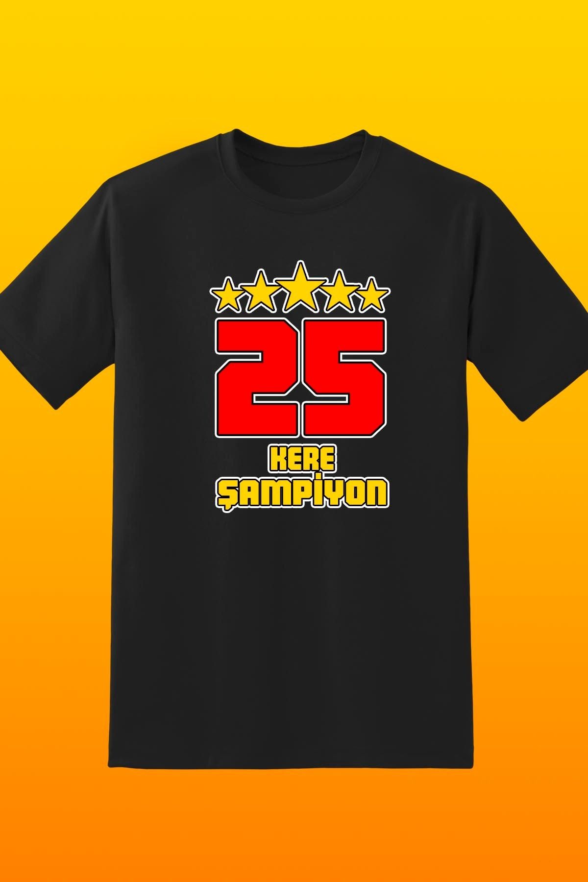 362BASKI Şampiyonluk Tshirtü 5 Yıldız Sarı Kırmızı 25 Kere Şampiyon Baskılı Tshirt