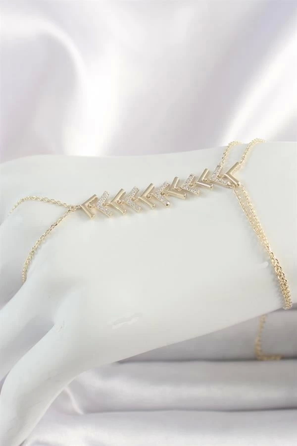 FASHIONLINE Pirinç Gold Renk Zirkon Taşlı V Model Kadın Şahmeran