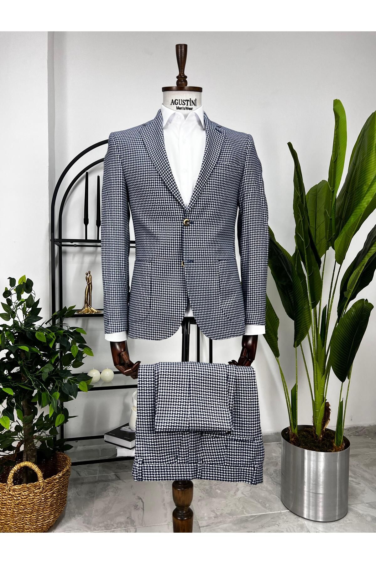 AGUSTİNİ Mavi Beyaz Desenli 2Lİ Takım Elbise Mono Yaka Torba Cep Slim Fit Kalıp | Agustini