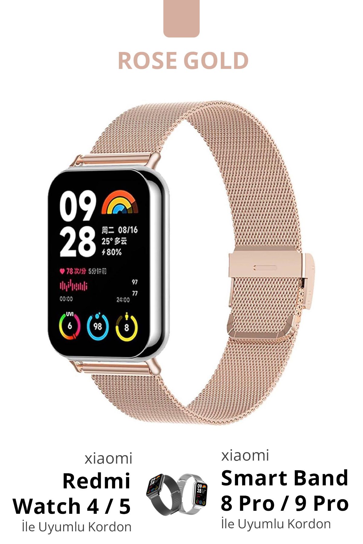 CONOCER Redmi Watch 4/5, Mi Band 8 Pro/Mi Band 9 Pro Uyumlu Ayarlanabilir Çelik Milano Hasır Kordon