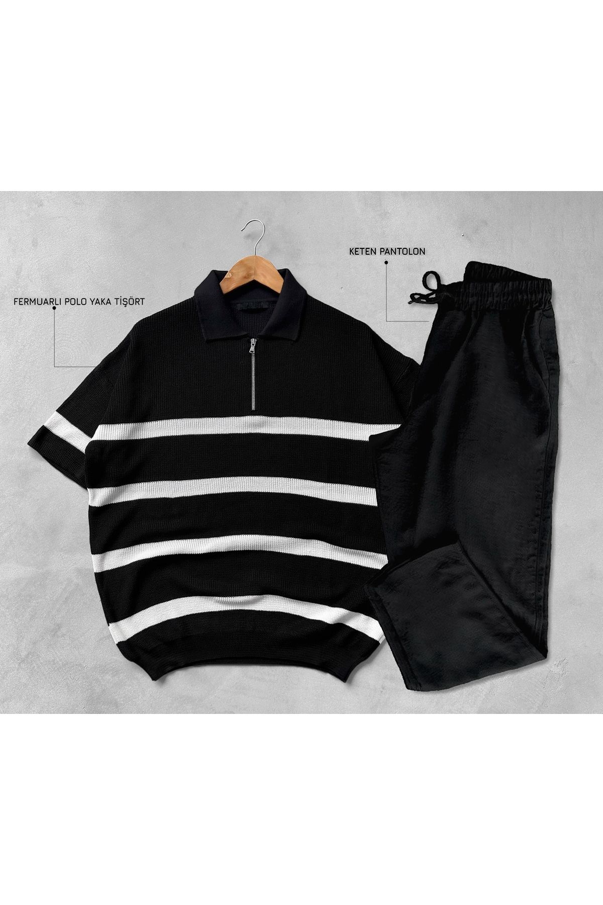 blucombin Yarım Fermuarlı Polo Yaka Örme Tişört ve Keten Pantolon 2li Set Alt Üst Takım Yazlık