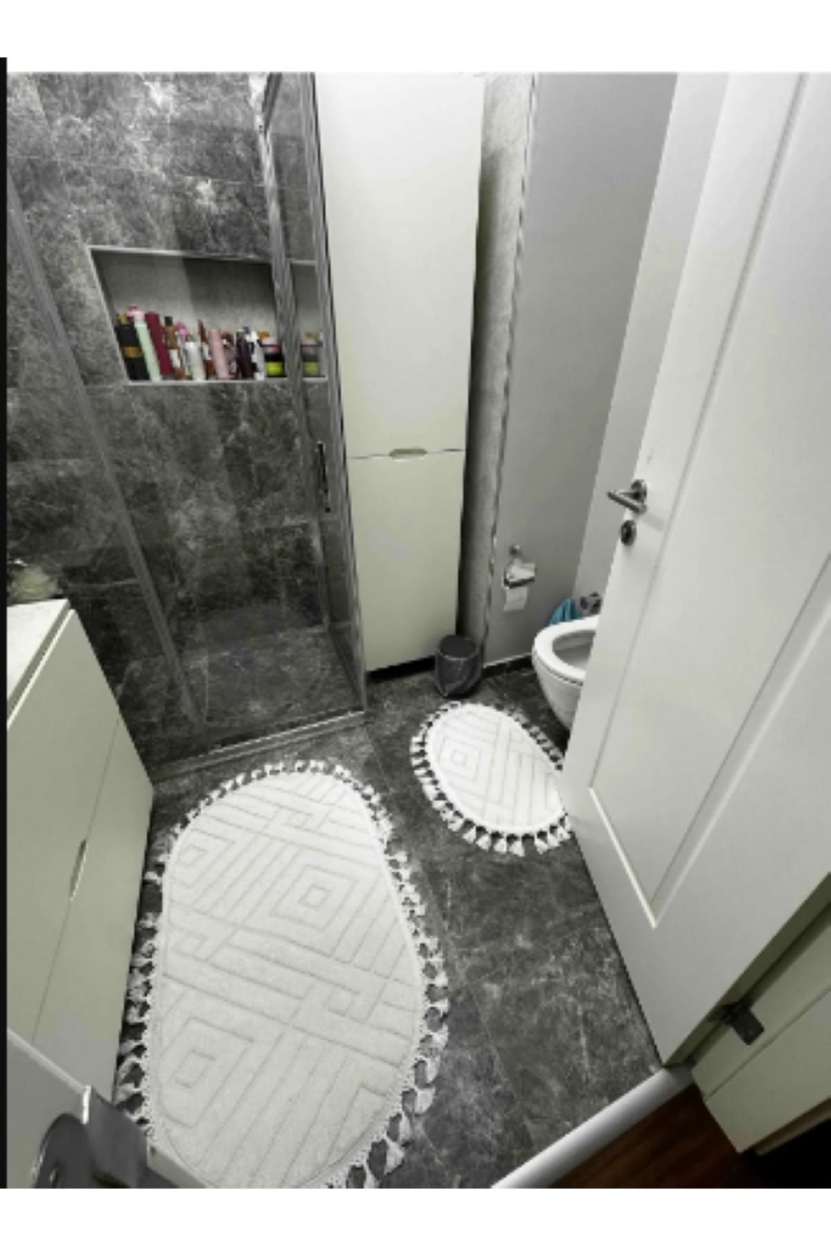 SERİA HALI Yıkanabilir Saçaklı Kaymaz Dot Taban Yumuşak Desenli Banyo Paspası 2'li Set 60x100ve40x60cm