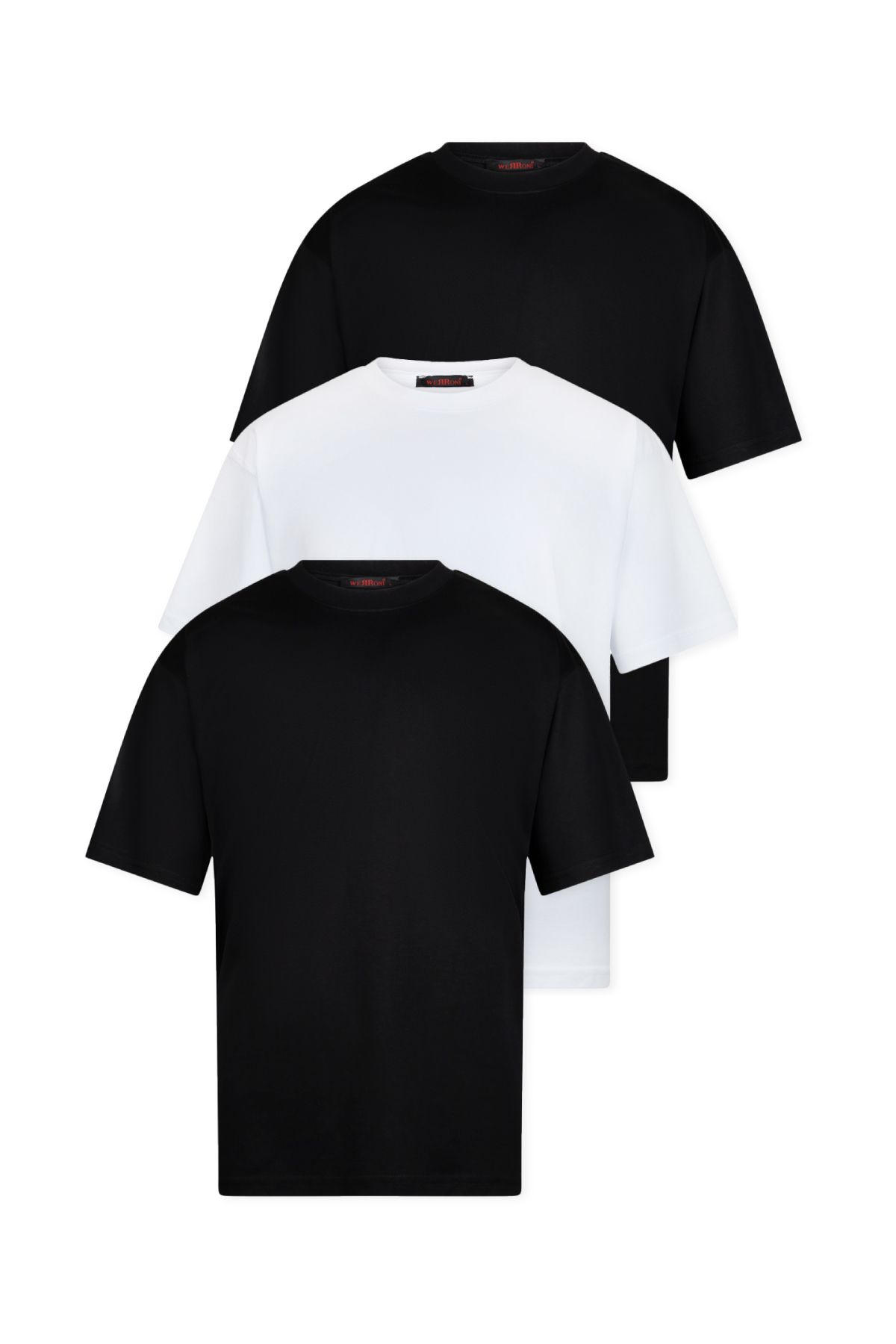 WERRONİ 3'lü Set Oversize Basic T-Shirt, Siyah - Beyaz - Siyah