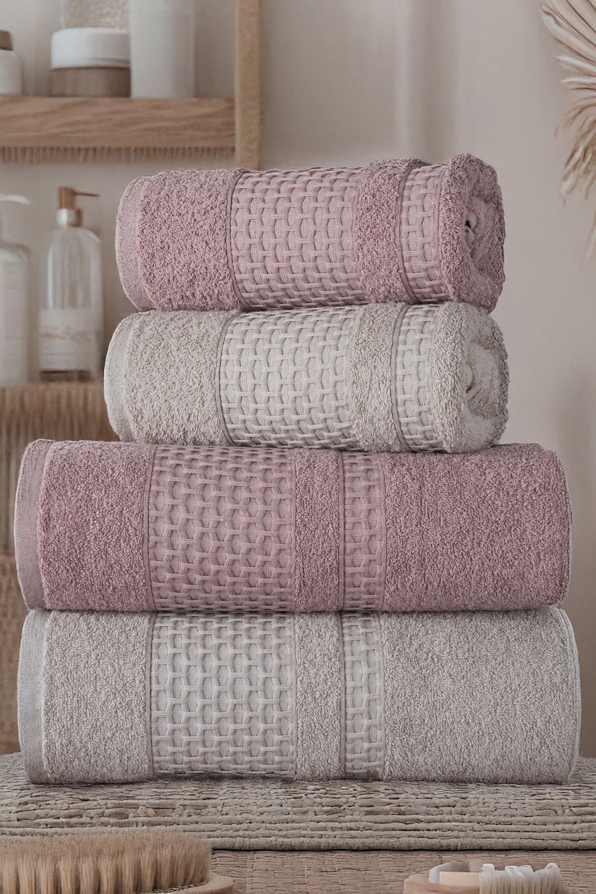 YD HOME Petek 4'lü Banyo Havlu Seti Hamam Takımı 100% Pamuk