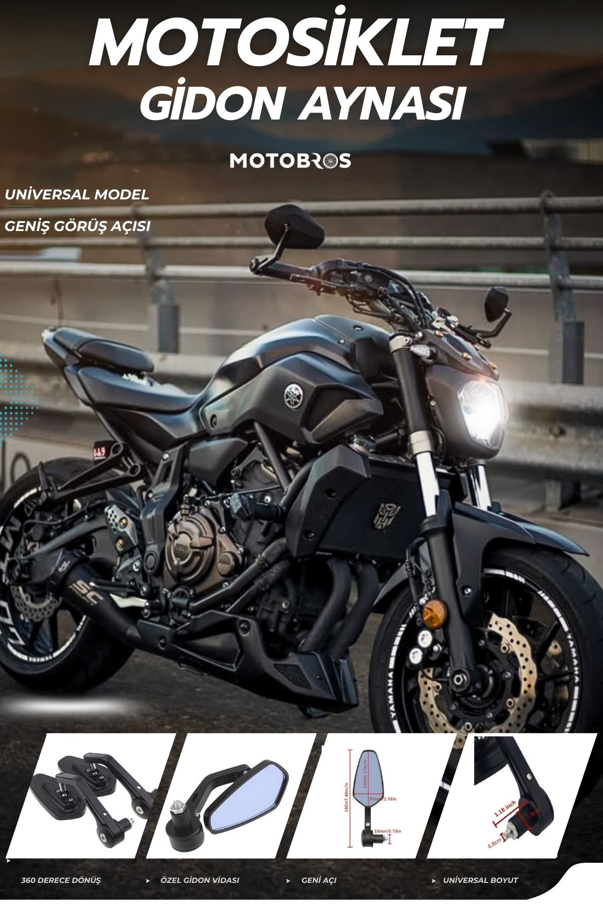 Motobros MOTOSİKLET AYNA MOTOSİKLET GİDON AYNASI GENİŞ GÖRÜŞ AÇILI SİYAH
