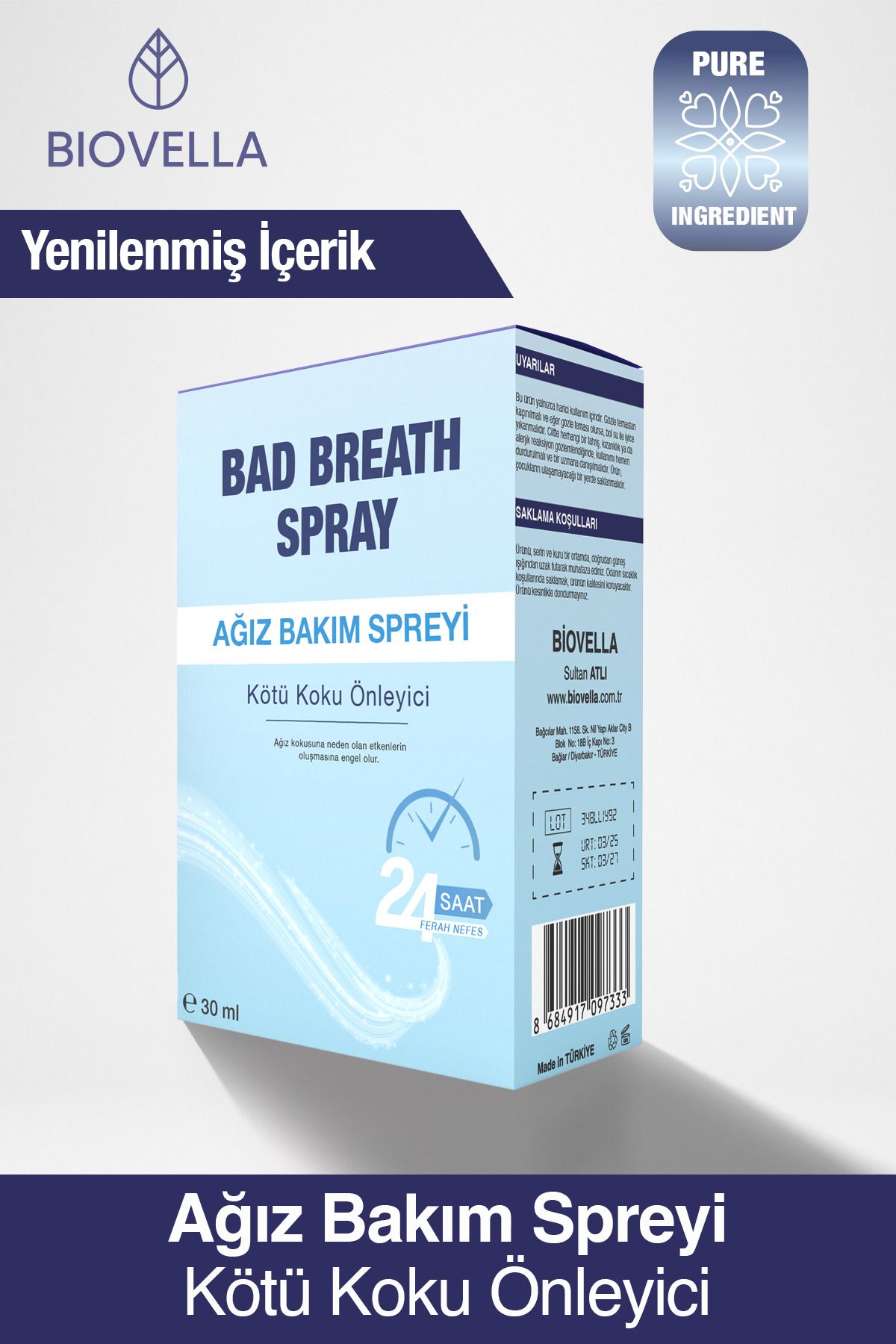 BİOVELLA Ağız Kokusu Giderici,Ağız Kokusu Önleyici Ağız Bakım Spreyi Alkolsüz Formülasyon 30 ml