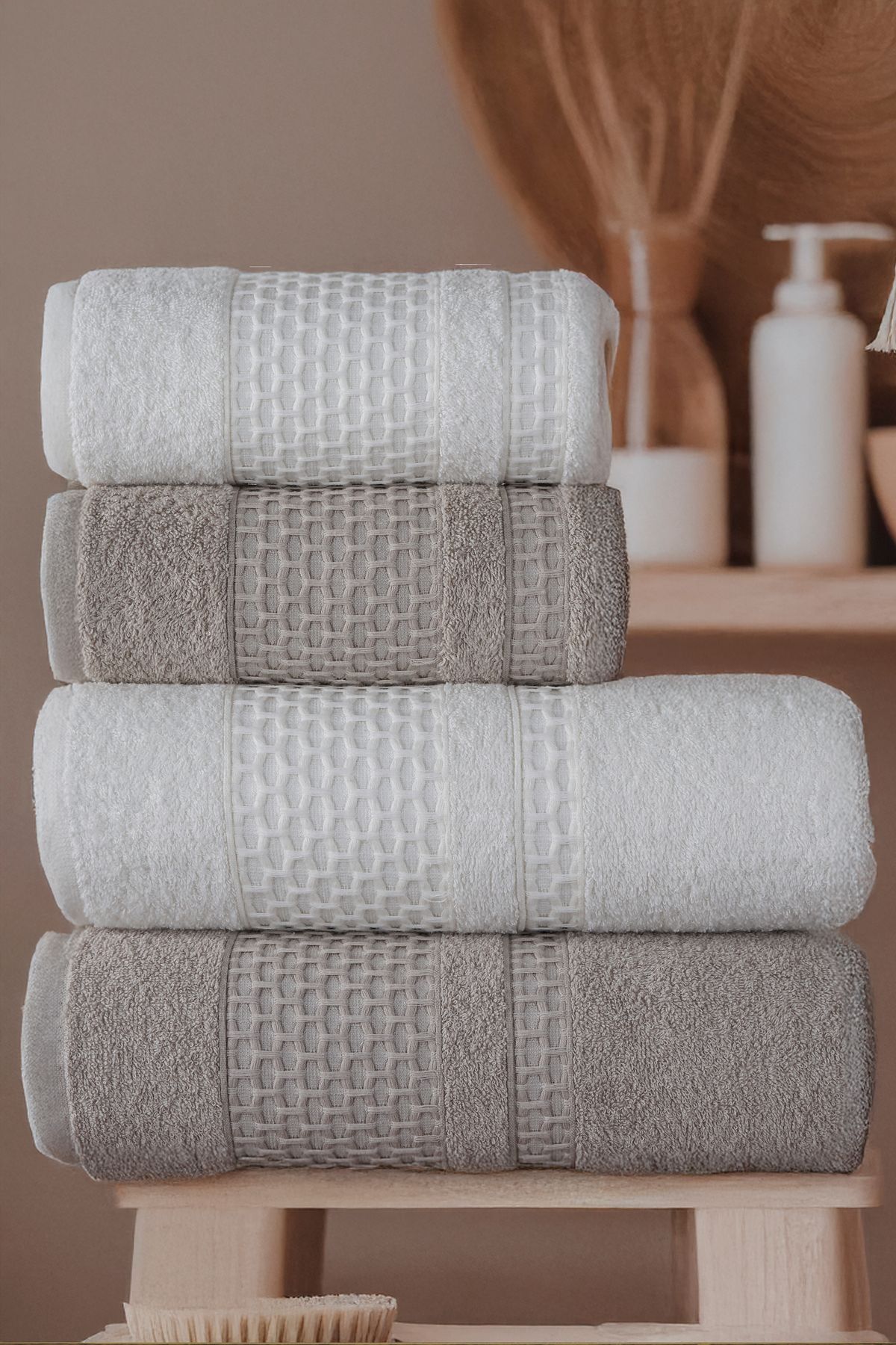 YD HOME Petek 4'lü Banyo Havlu Seti Hamam Takımı 100% Pamuk