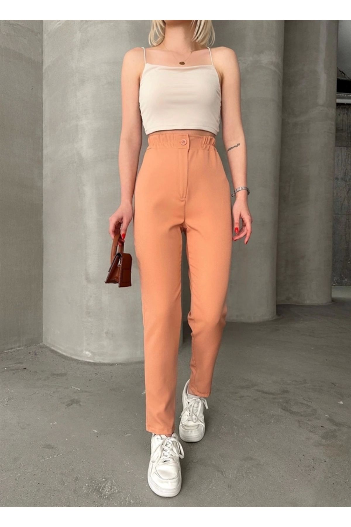 FASHIONLINE Beli lastikli karamel pantolon